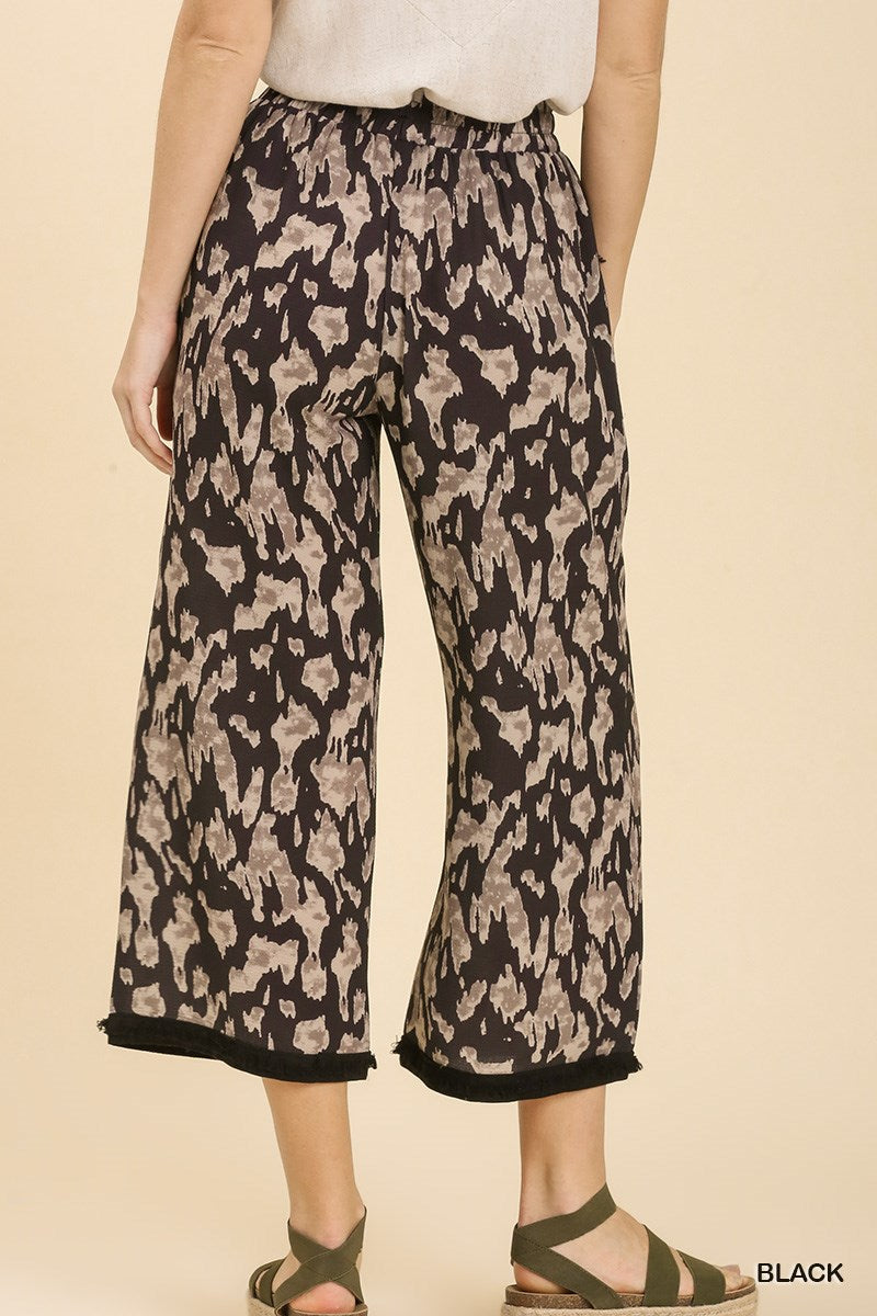 Umgee Elastic Waist Band Unfished Hem Wide Leg Pants