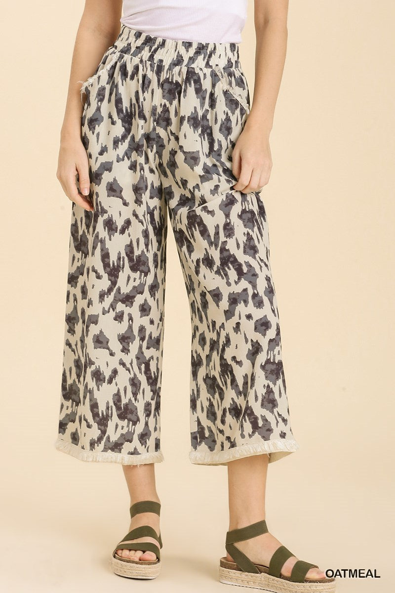 Umgee Elastic Waist Band Unfished Hem Wide Leg Pants