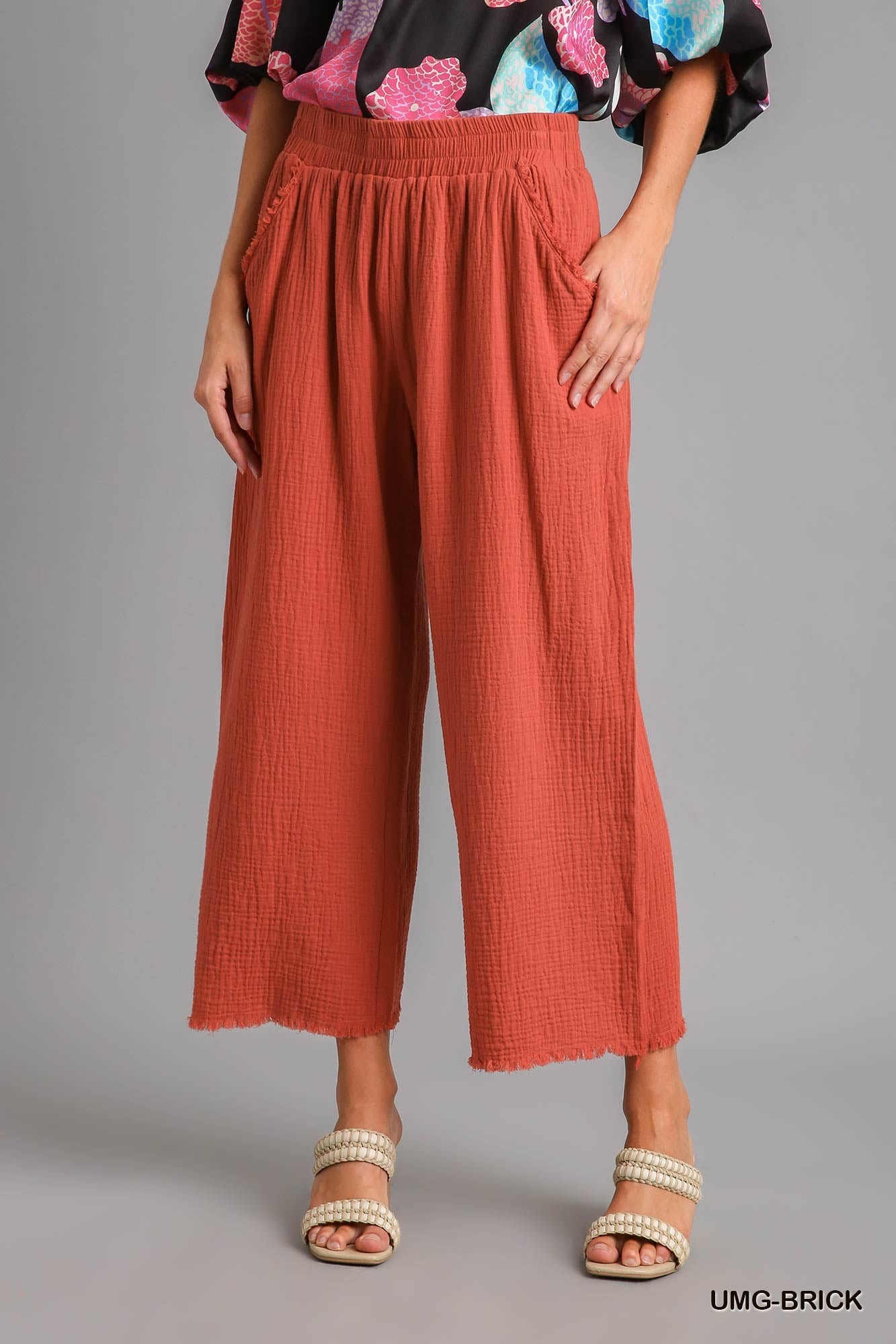 Umgee Elastic Waist Band Unfinished Hem Wide Leg Pants