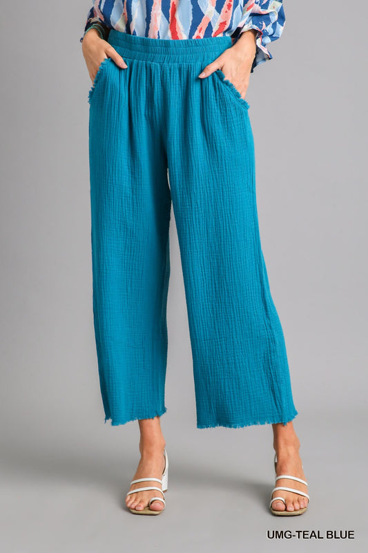 Umgee Elastic Waist Band Unfinished Hem Wide Leg Pants