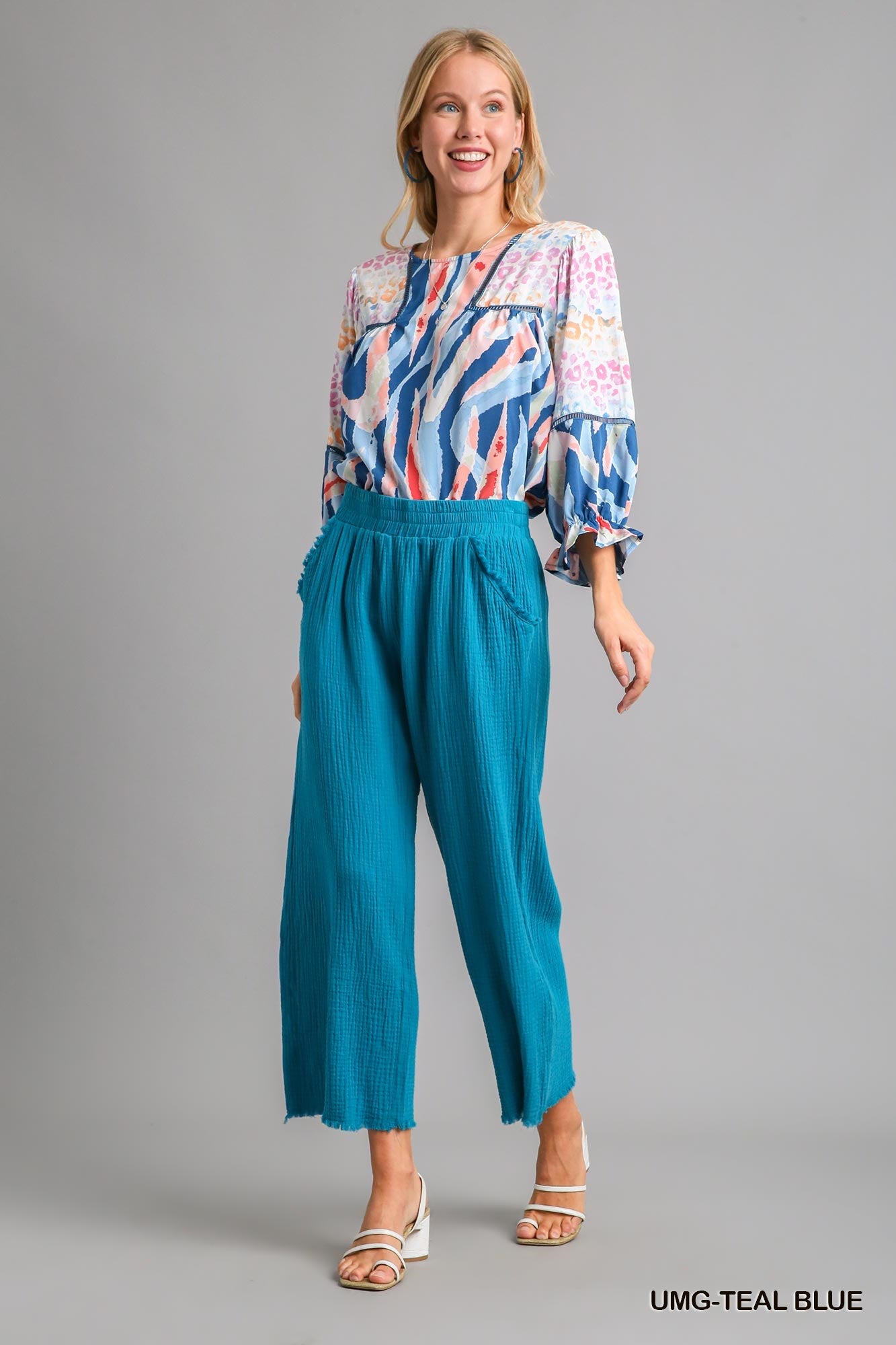 Umgee Elastic Waist Band Unfinished Hem Wide Leg Pants