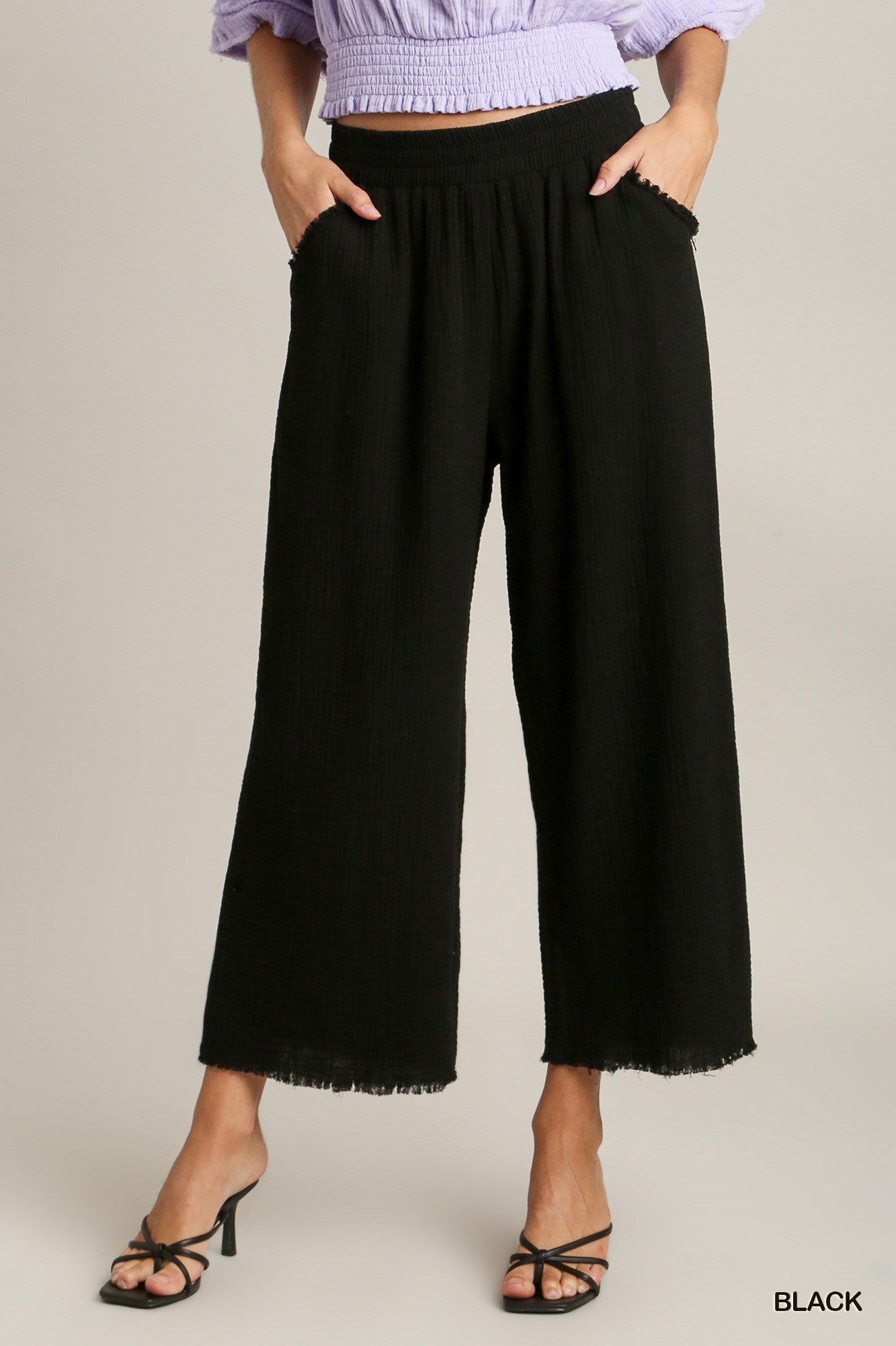 Umgee Elastic Waist Band Unfinished Hem Wide Leg Pants