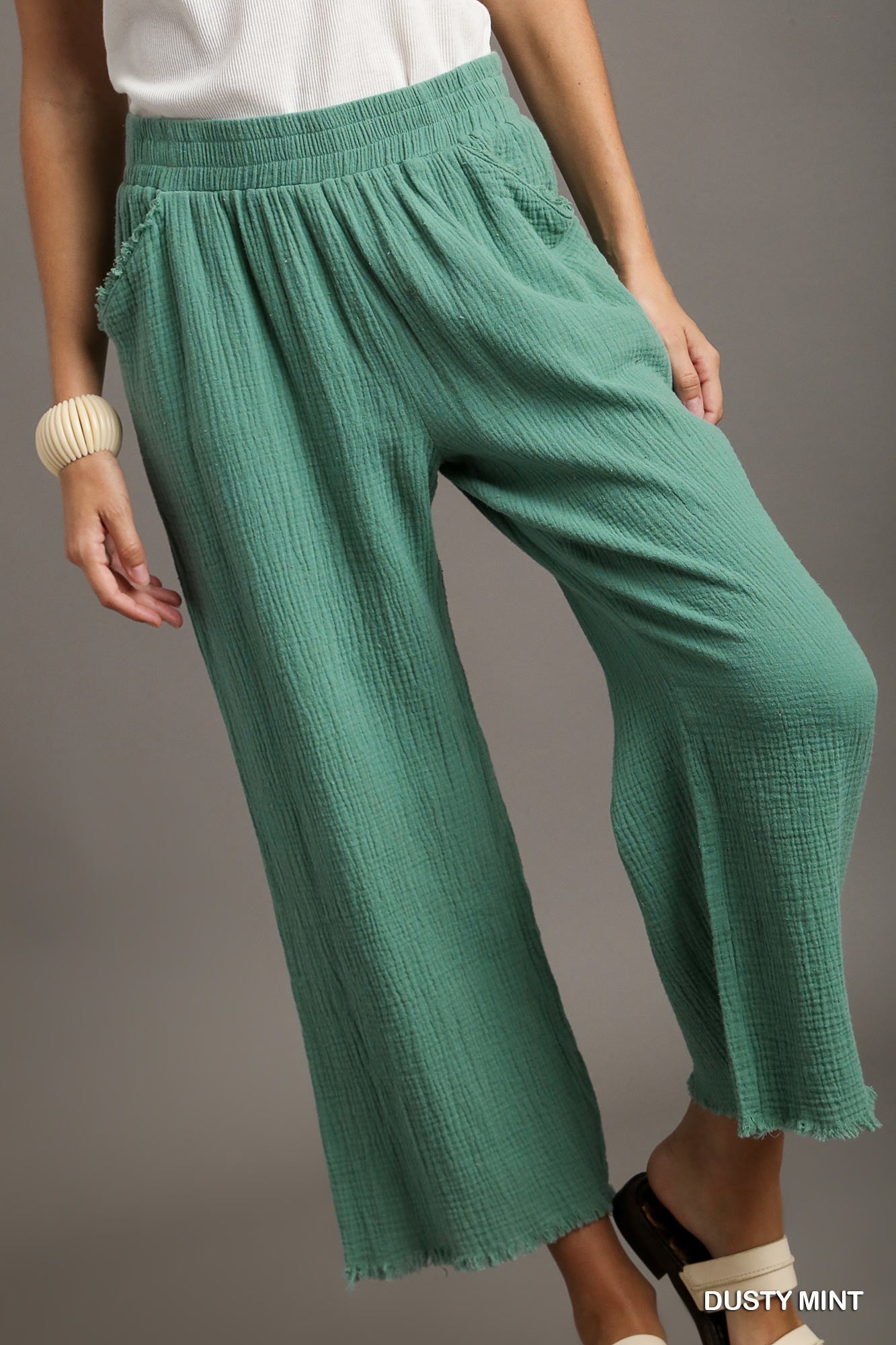 Umgee Elastic Waist Band Unfinished Hem Wide Leg Pants