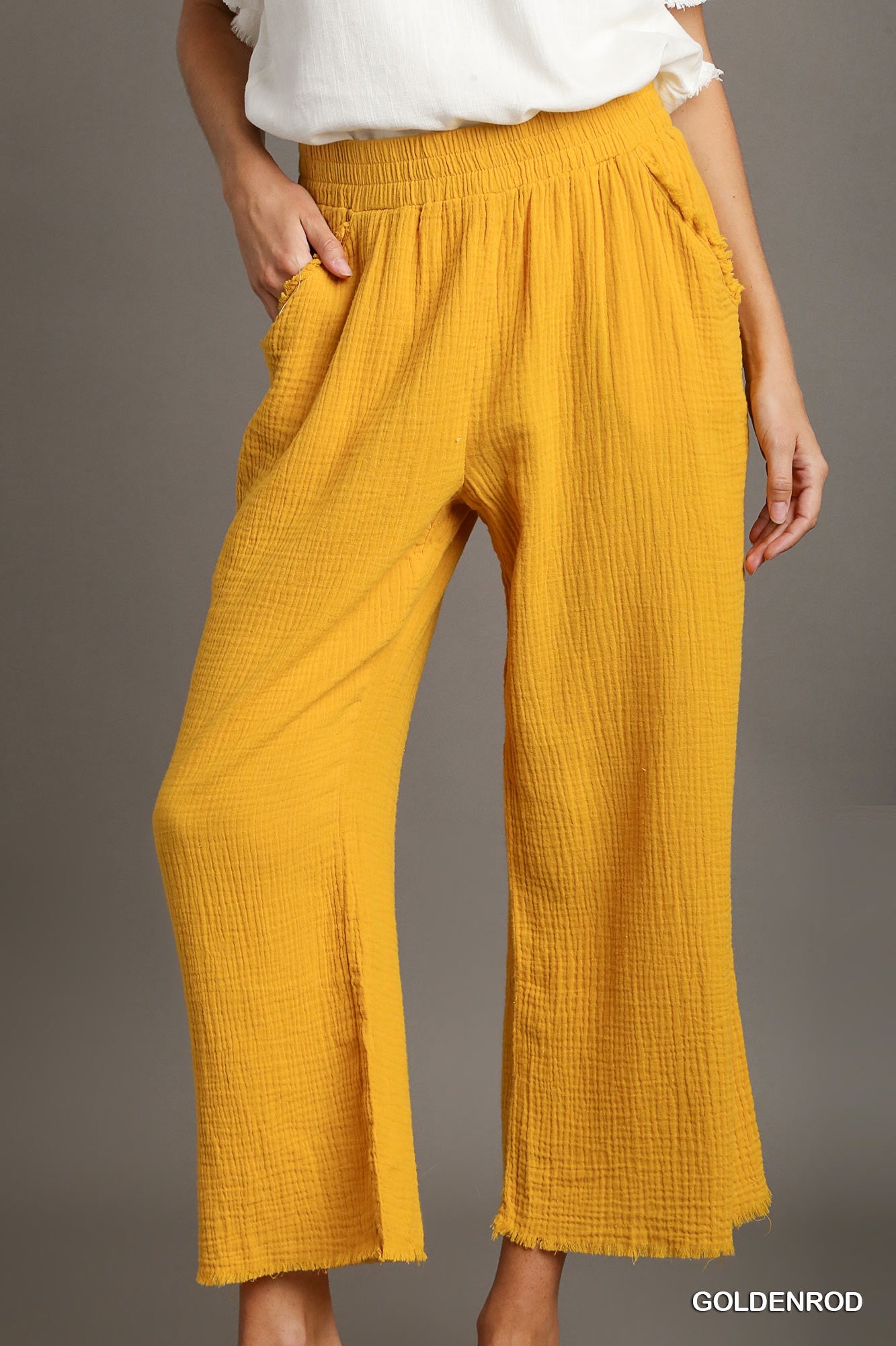 Umgee Elastic Waist Band Unfinished Hem Wide Leg Pants