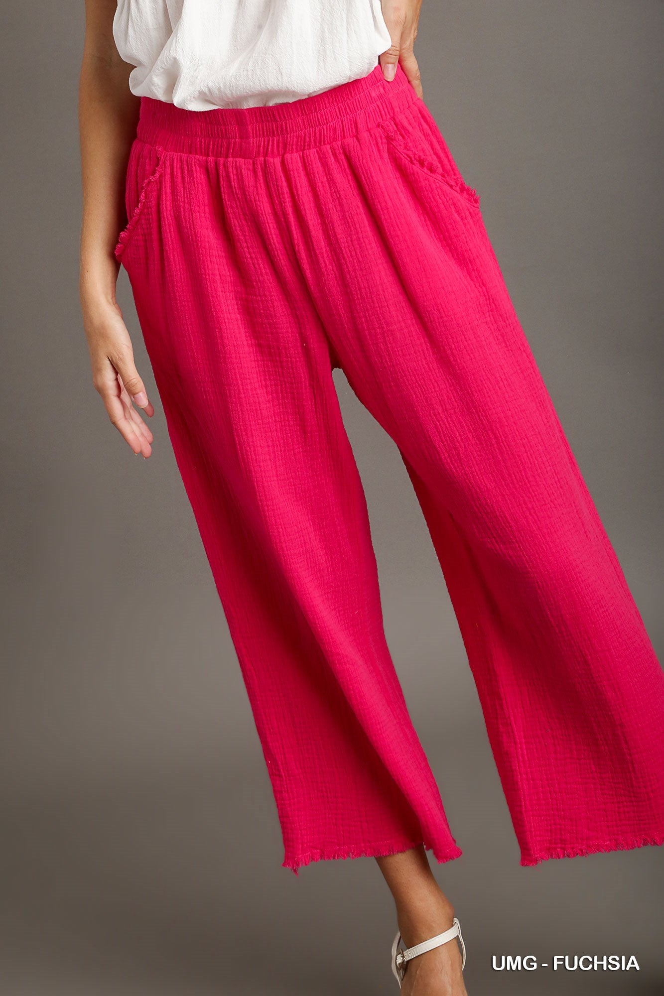 Umgee Elastic Waist Band Unfinished Hem Wide Leg Pants