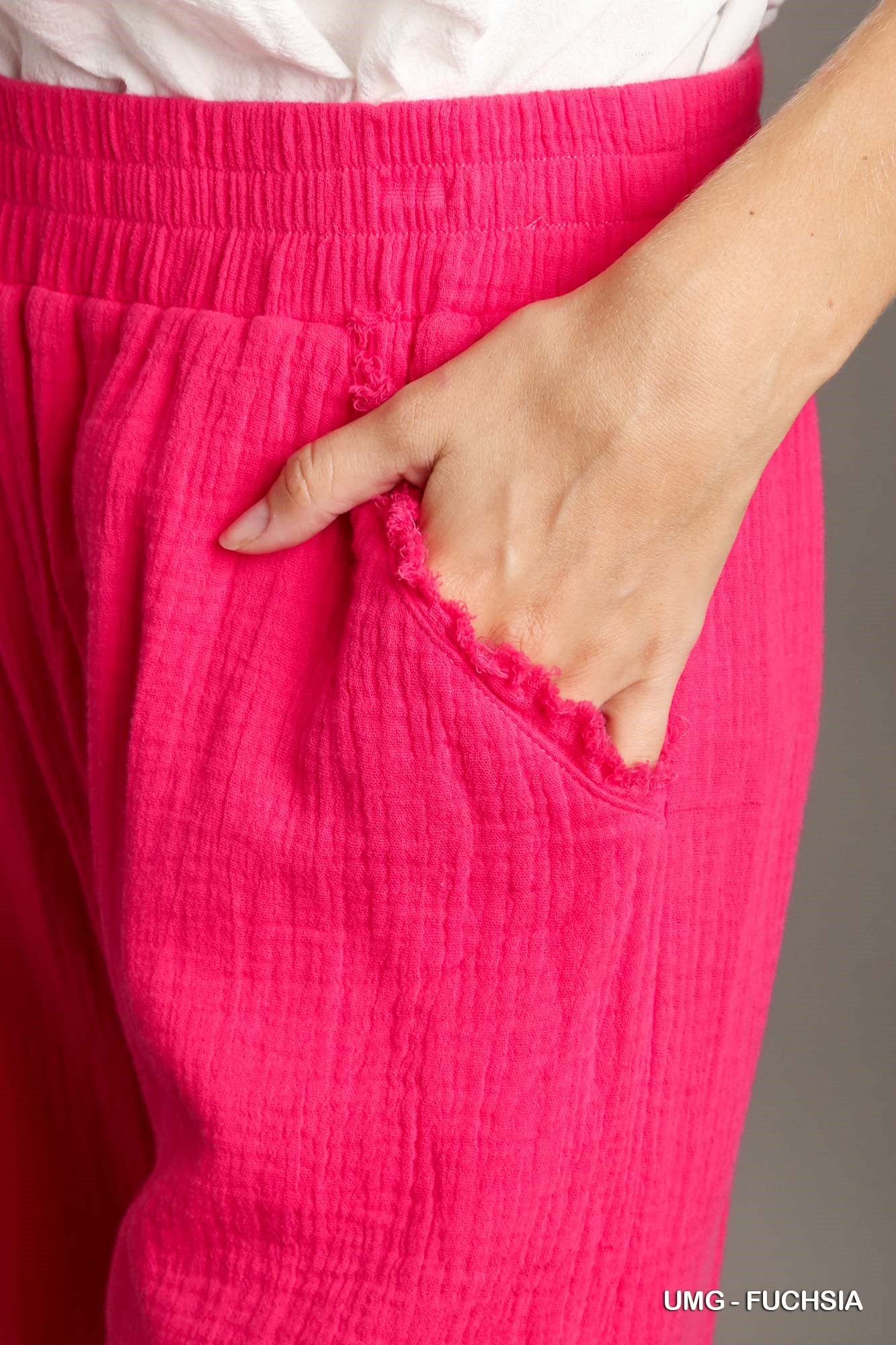 Umgee Elastic Waist Band Unfinished Hem Wide Leg Pants