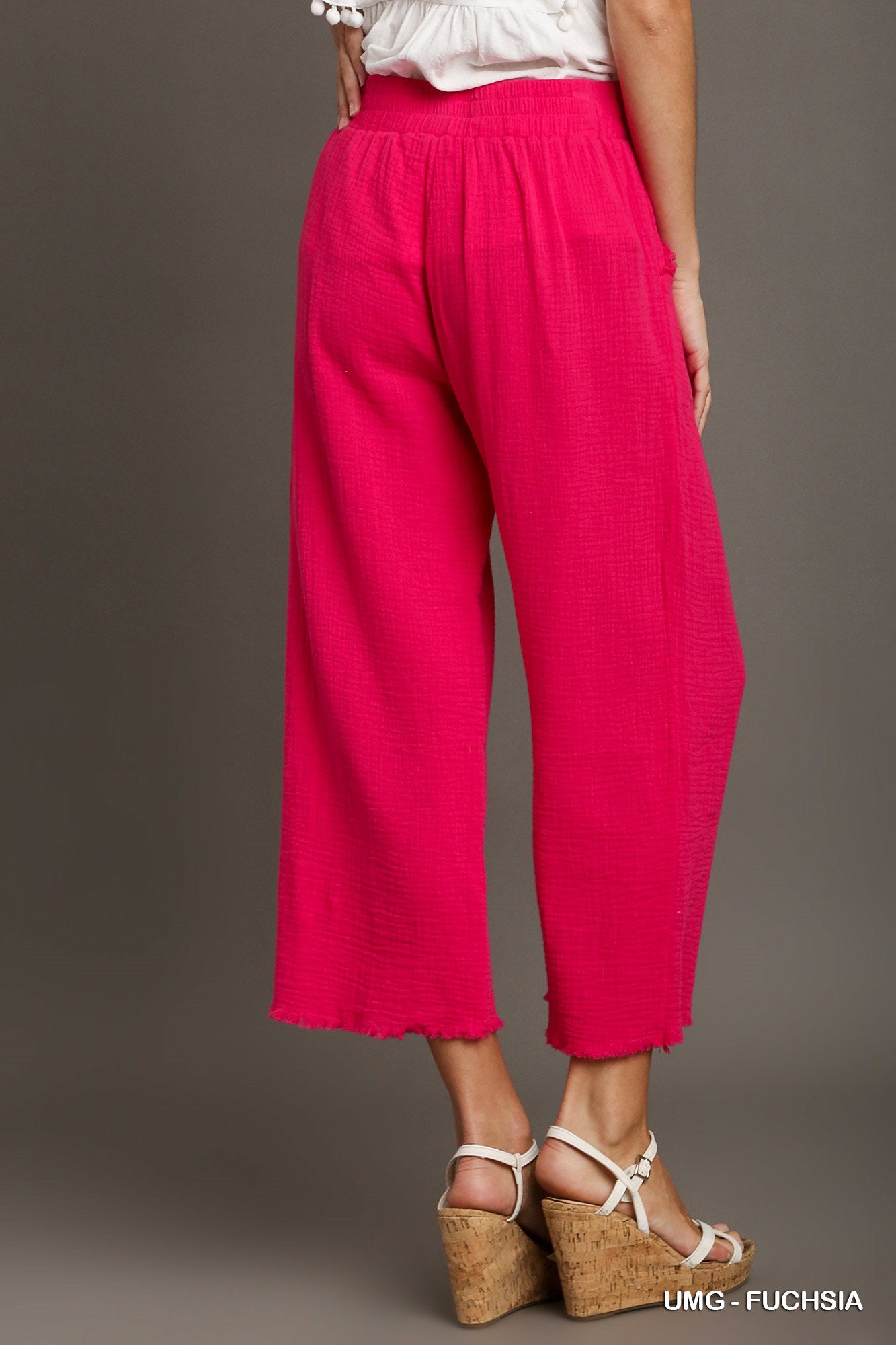 Umgee Elastic Waist Band Unfinished Hem Wide Leg Pants