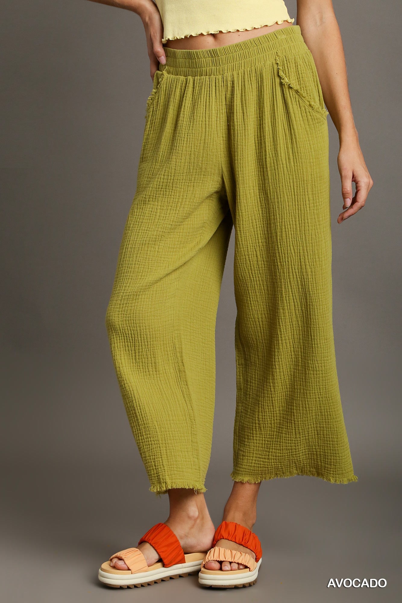 Umgee Elastic Waist Band Unfinished Hem Wide Leg Pants