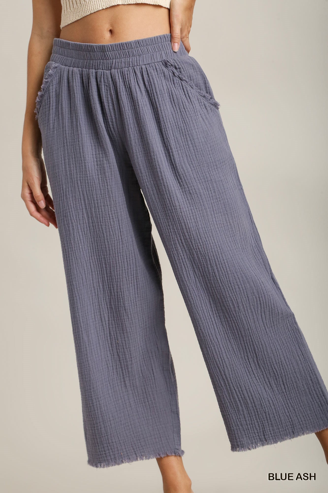 Umgee Elastic Waist Band Unfinished Hem Wide Leg Pants