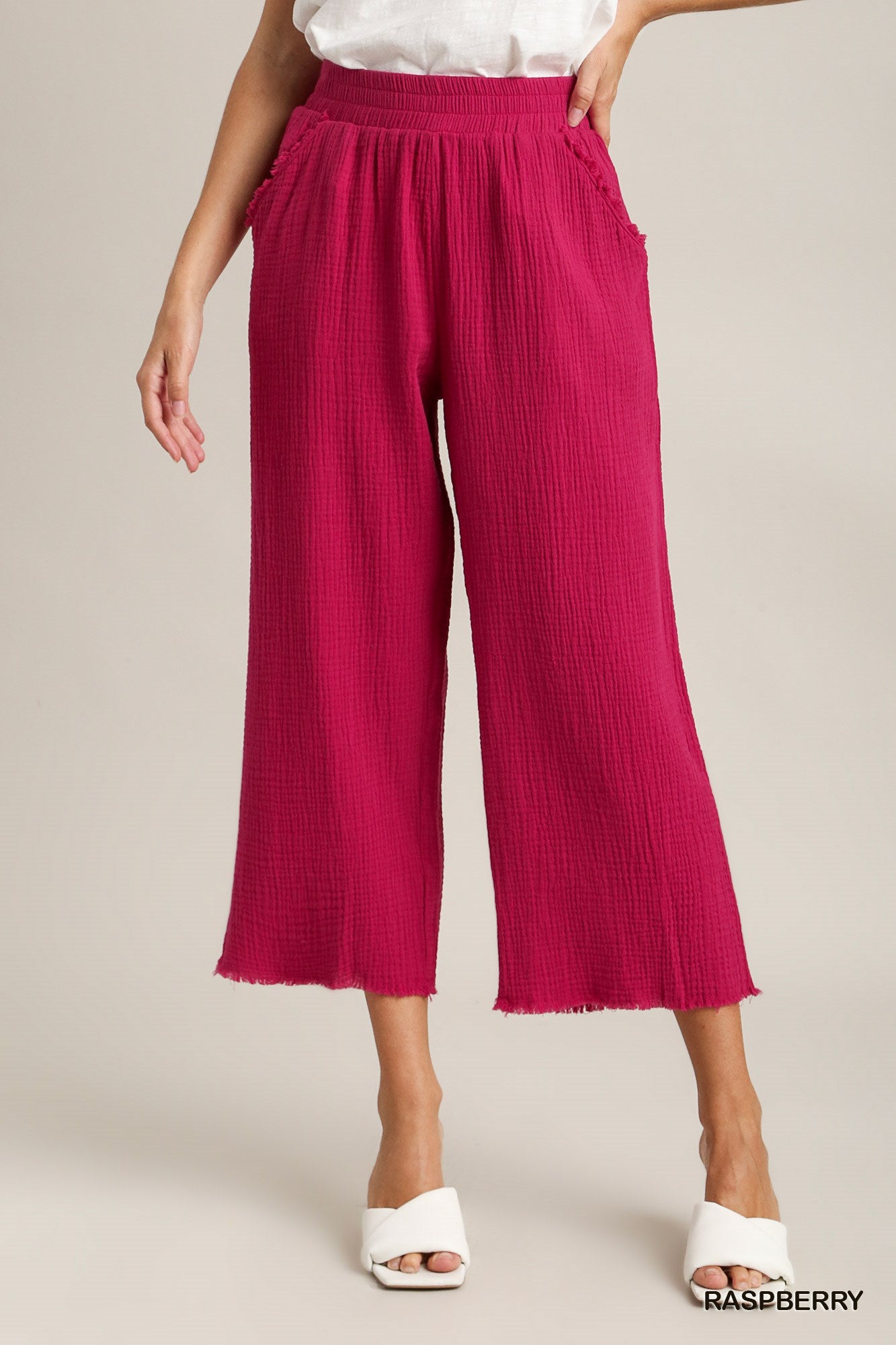 Umgee Elastic Waist Band Unfinished Hem Wide Leg Pants