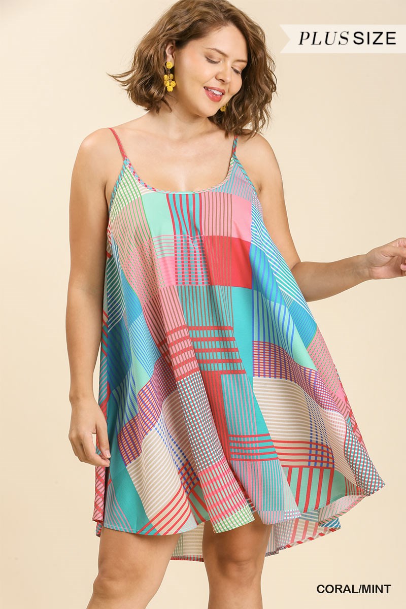 Umgee Plus Sleeveless Mixed Print A-Line Adjustable Spaghetti Strap Dress