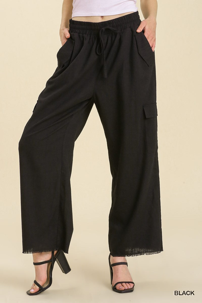 Umgee Linen Blend Cargo Frayed Hem Side Pockets Pants
