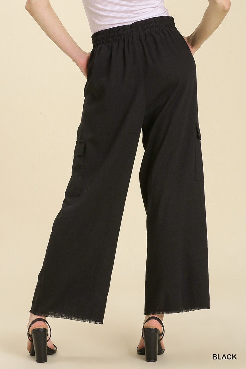Umgee Linen Blend Cargo Frayed Hem Side Pockets Pants