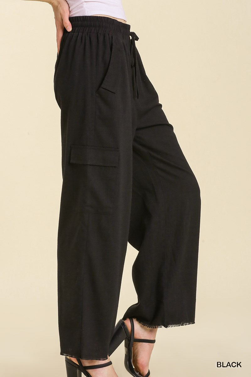 Umgee Linen Blend Cargo Frayed Hem Side Pockets Pants