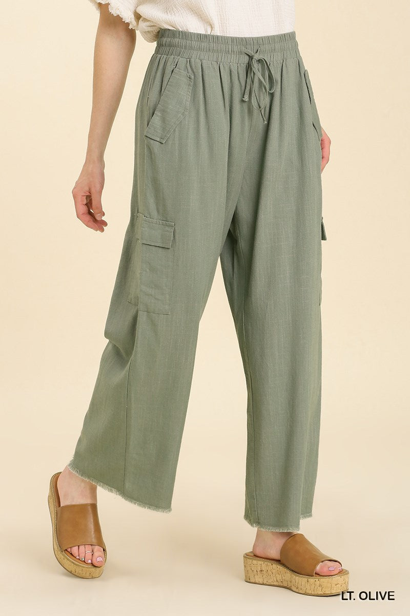 Umgee Linen Blend Cargo Frayed Hem Side Pockets Pants