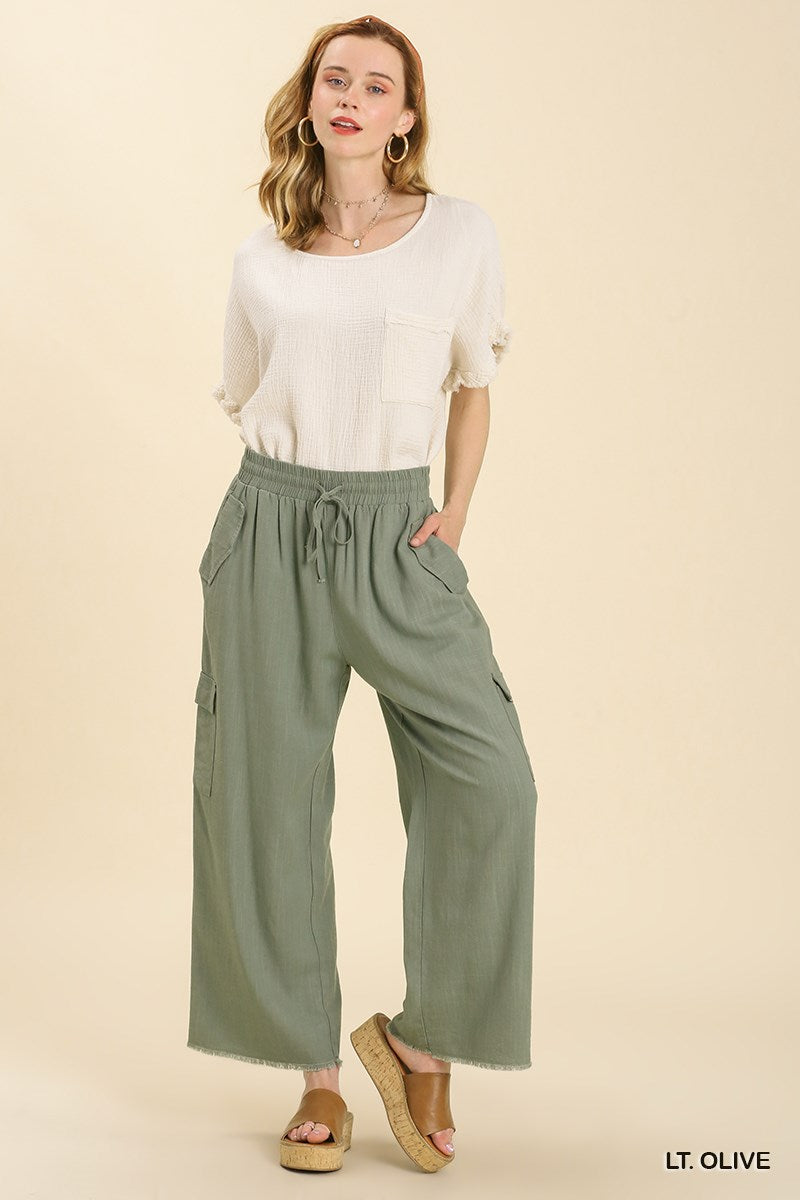 Umgee Linen Blend Cargo Frayed Hem Side Pockets Pants