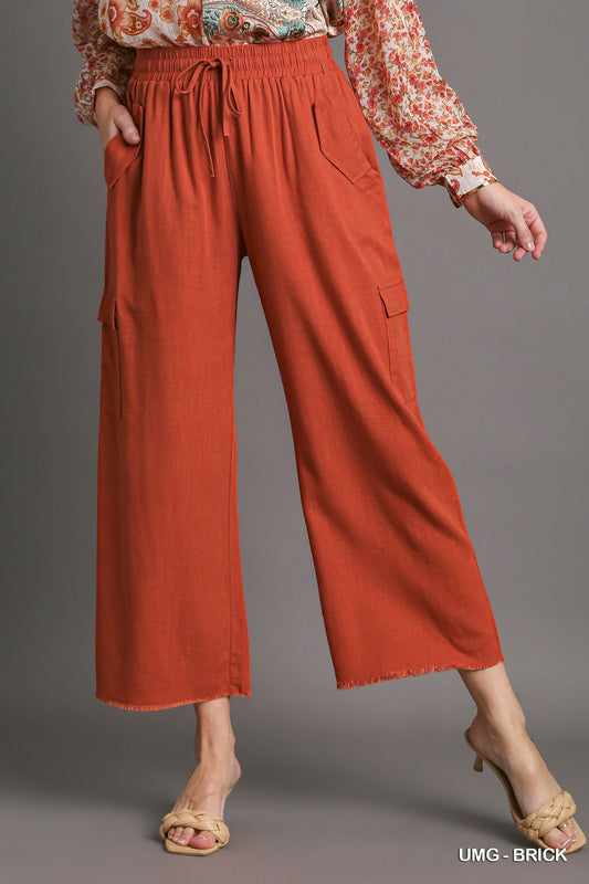 Umgee Linen Blend Cargo Frayed Hem Side Pockets Pants