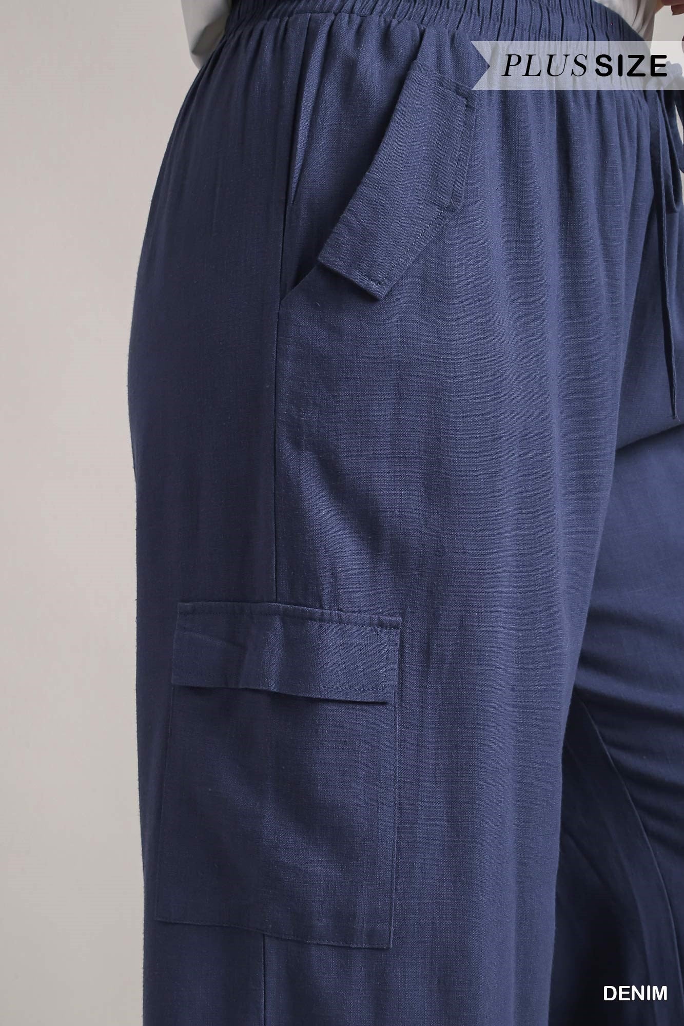 Umgee Plus Linen Blend Side Pockets Cargo Frayed Hem Pants