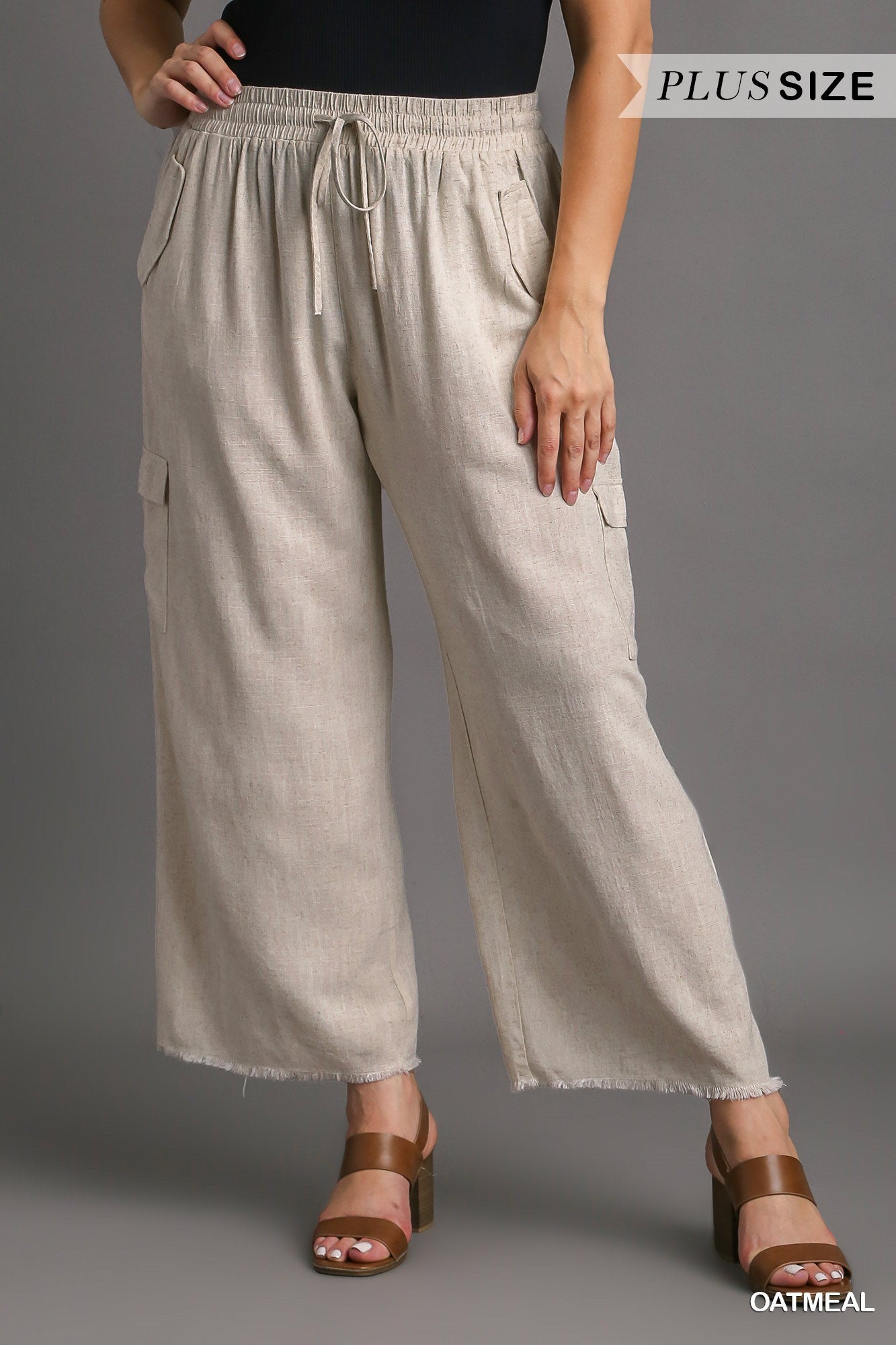 Umgee Plus Linen Blend Side Pockets Cargo Frayed Hem Pants