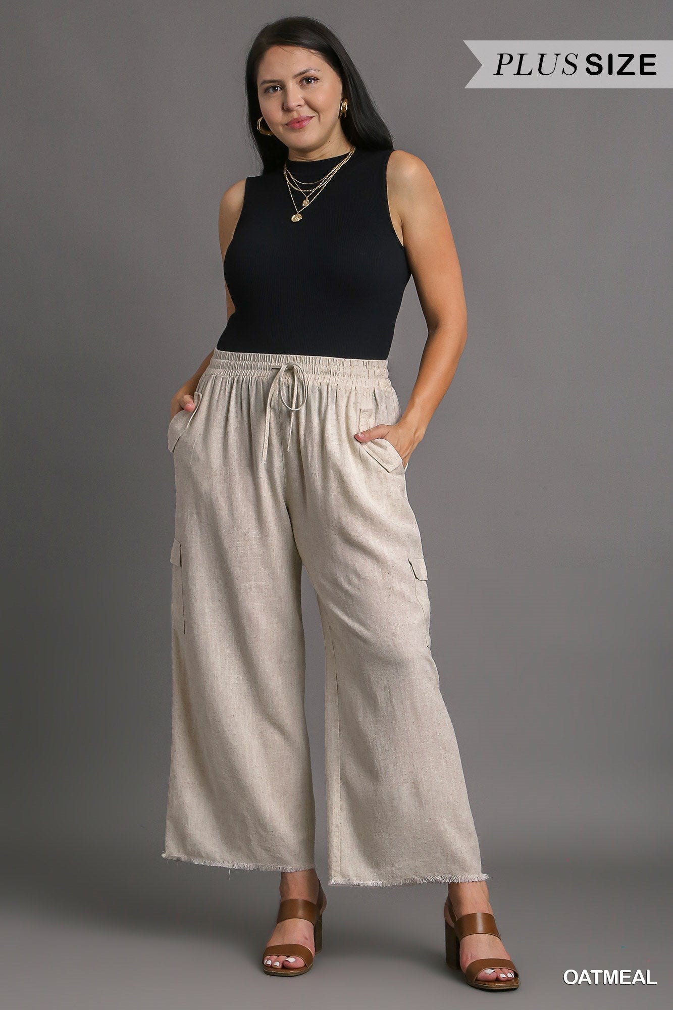 Umgee Plus Linen Blend Side Pockets Cargo Frayed Hem Pants