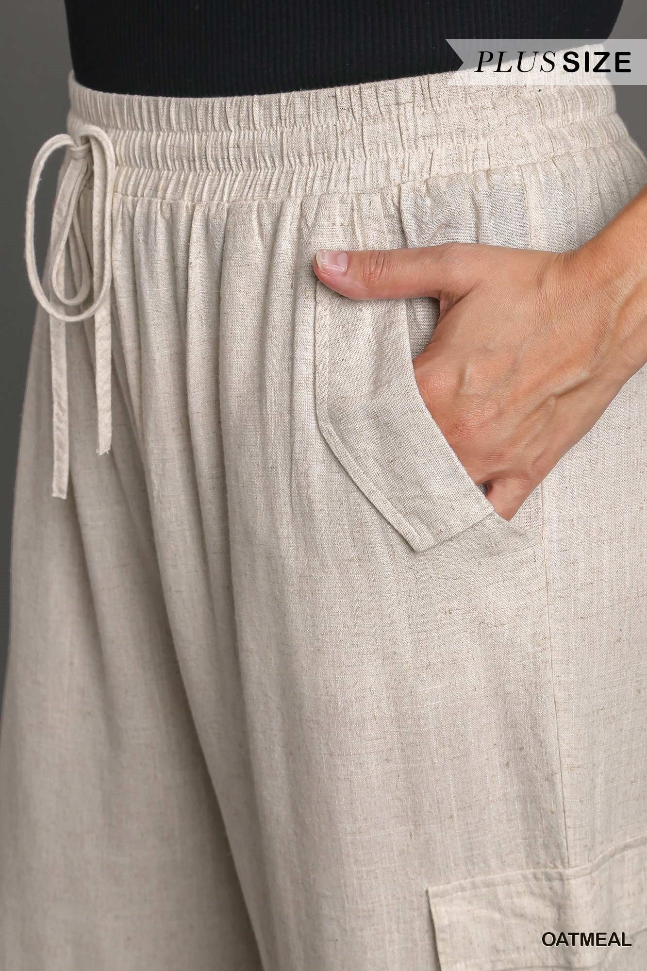 Umgee Plus Linen Blend Side Pockets Cargo Frayed Hem Pants