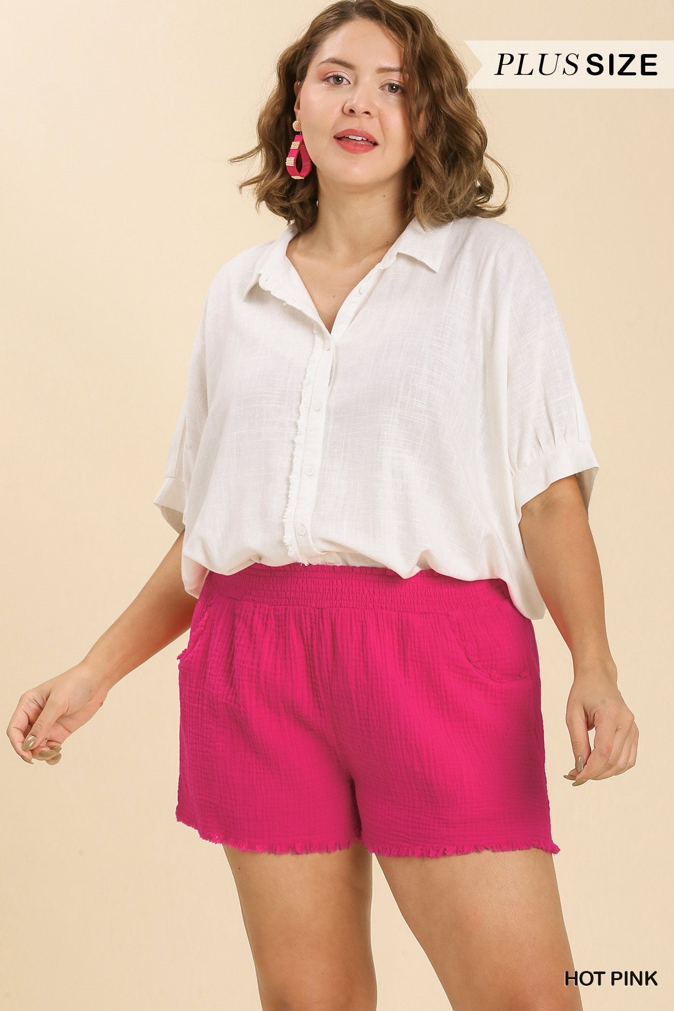 Umgee Plus Elastic Waist Band Side Pocket Shorts Pants