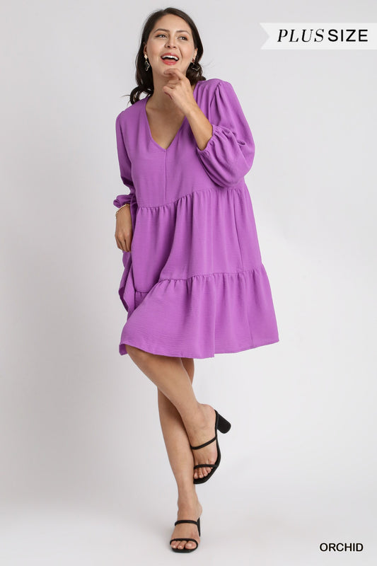 Umgee Plus V-Neck 3/4 Sleeve No Lining Tiered Dress