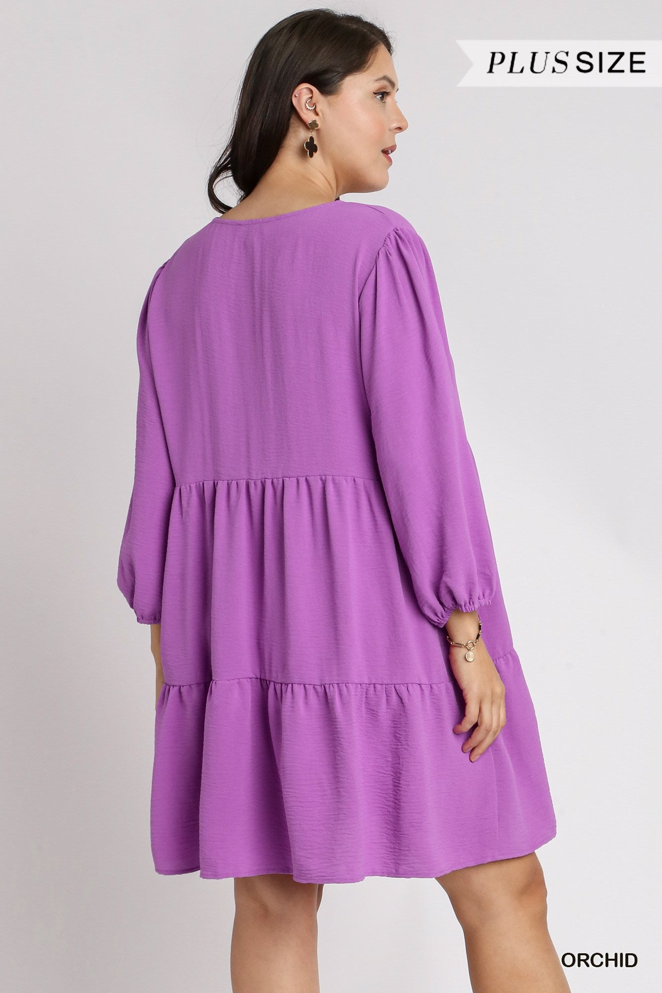 Umgee Plus V-Neck 3/4 Sleeve No Lining Tiered Dress
