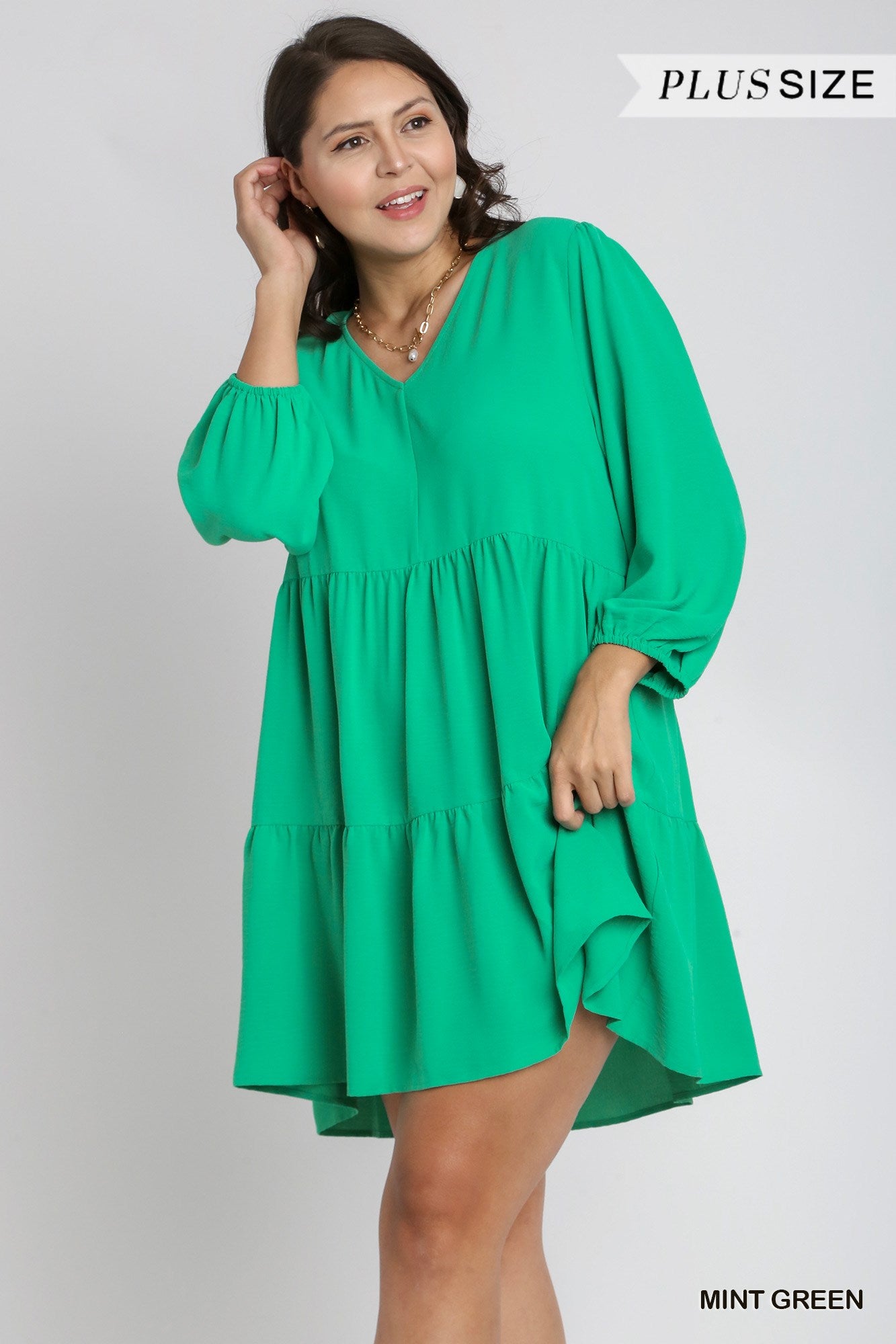 Umgee Plus V-Neck 3/4 Sleeve No Lining Tiered Dress