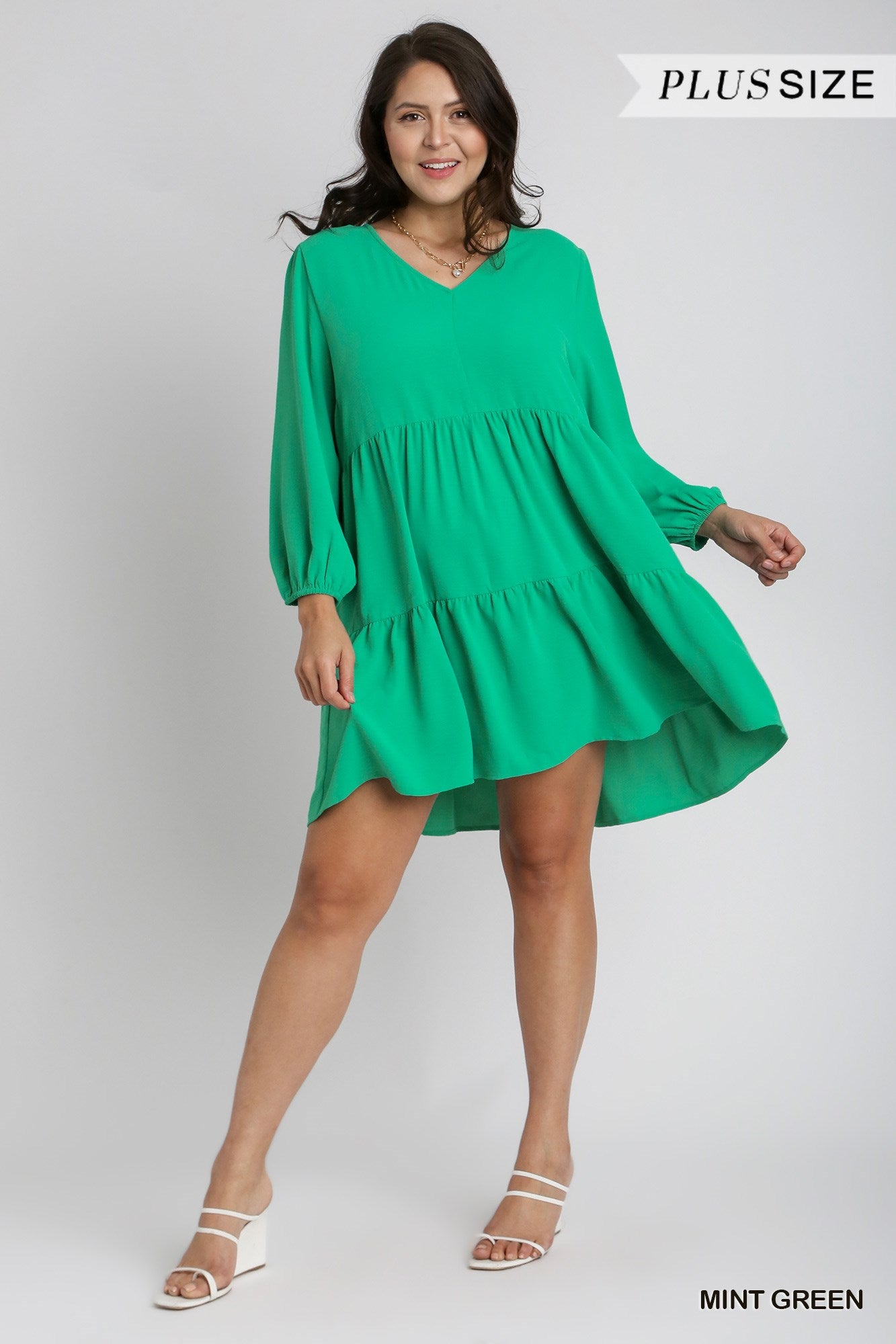 Umgee Plus V-Neck 3/4 Sleeve No Lining Tiered Dress