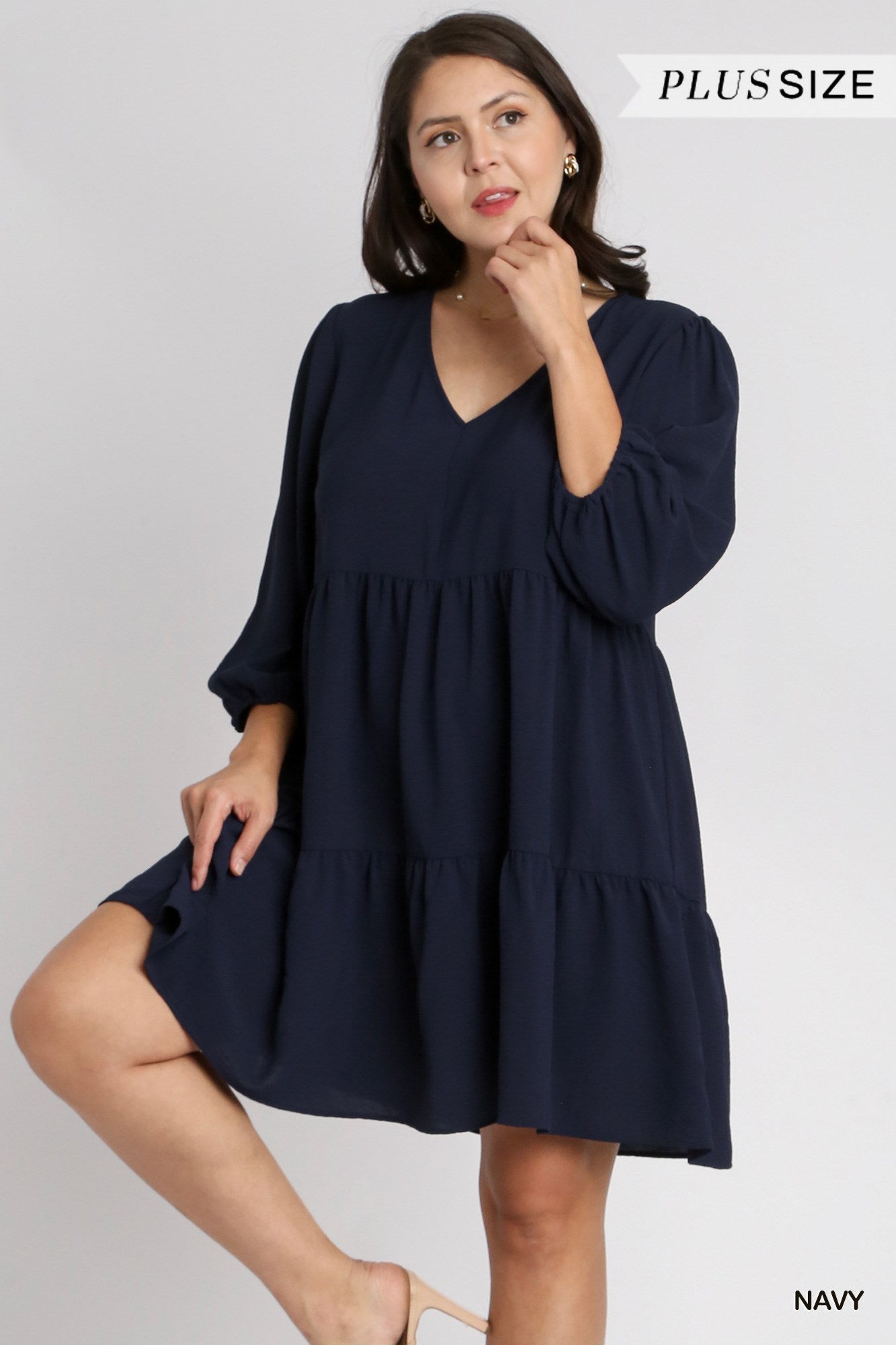 Umgee Plus V-Neck 3/4 Sleeve No Lining Tiered Dress