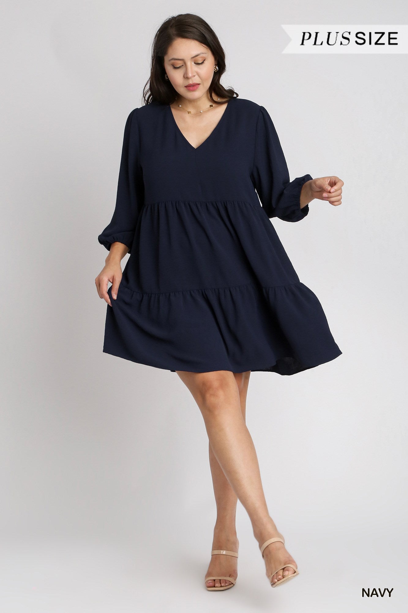 Umgee Plus V-Neck 3/4 Sleeve No Lining Tiered Dress