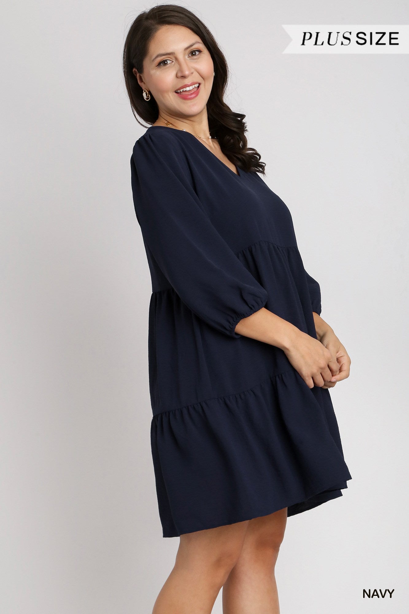Umgee Plus V-Neck 3/4 Sleeve No Lining Tiered Dress