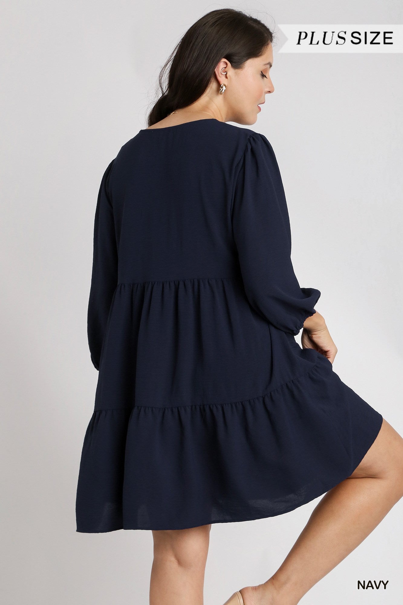 Umgee Plus V-Neck 3/4 Sleeve No Lining Tiered Dress