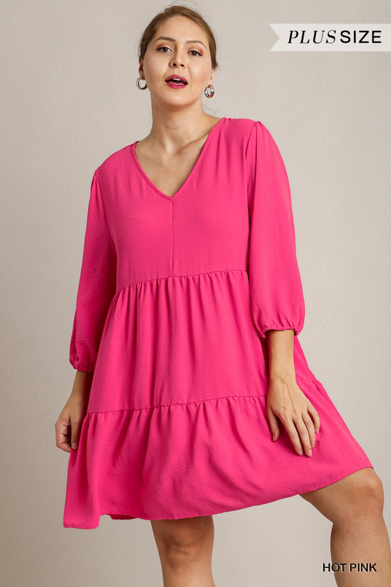 Umgee Plus V-Neck 3/4 Sleeve No Lining Tiered Dress