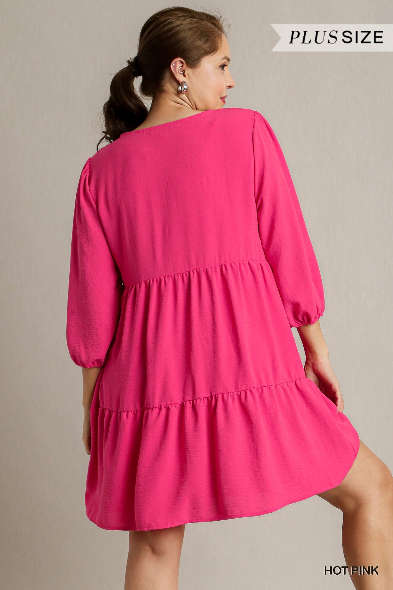 Umgee Plus V-Neck 3/4 Sleeve No Lining Tiered Dress
