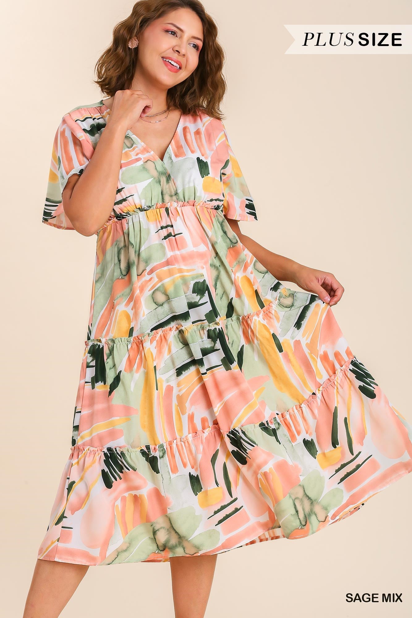 Umgee Plus Abstract Ruffle Sleeve Midi Tiered Dress