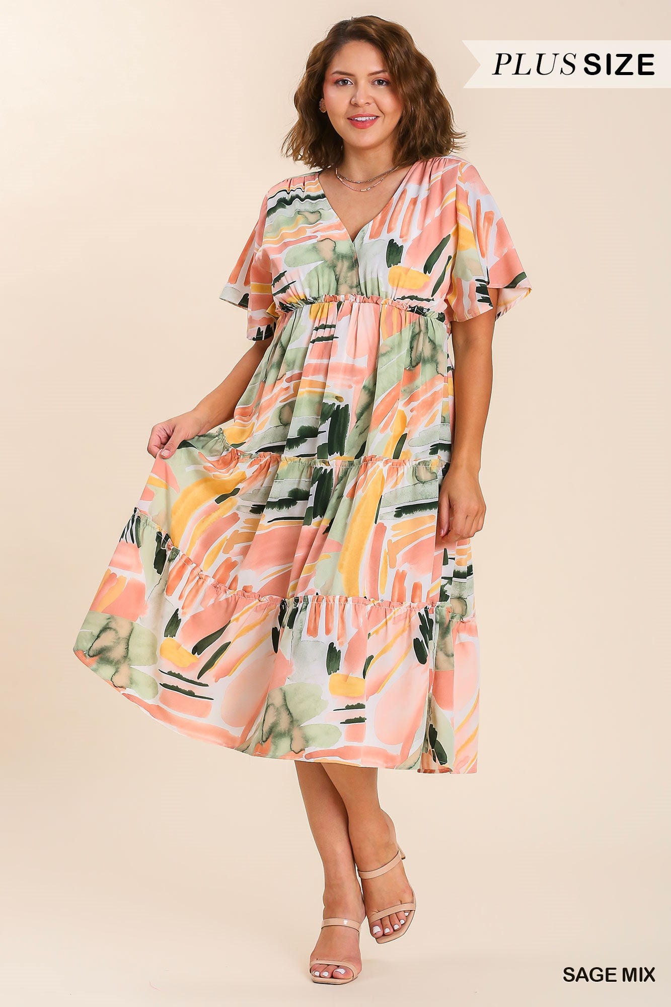 Umgee Plus Abstract Ruffle Sleeve Midi Tiered Dress