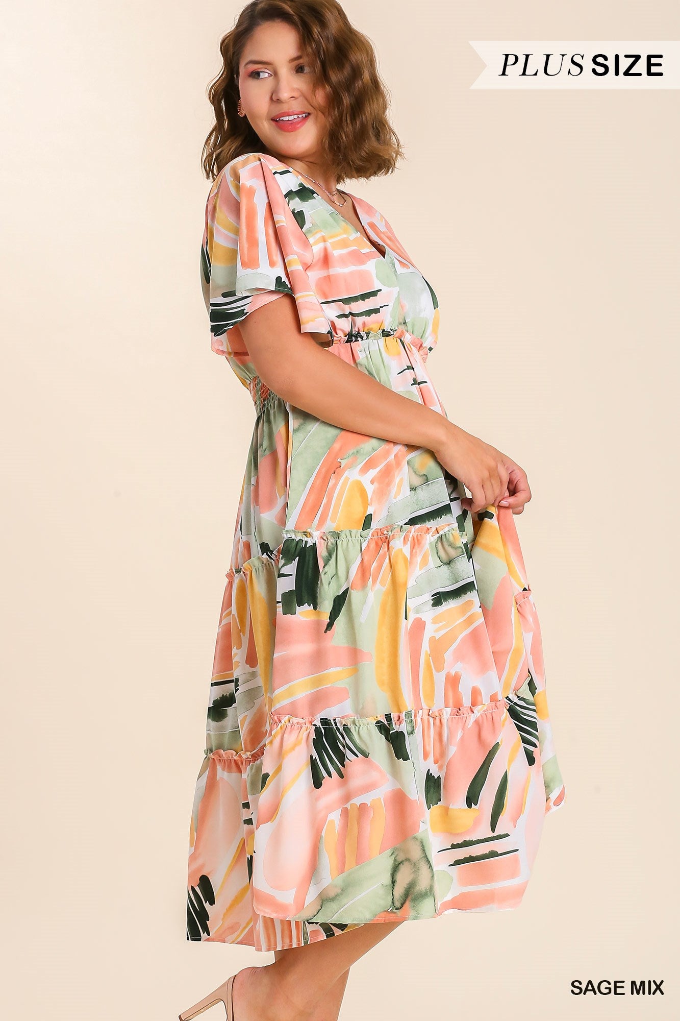 Umgee Plus Abstract Ruffle Sleeve Midi Tiered Dress