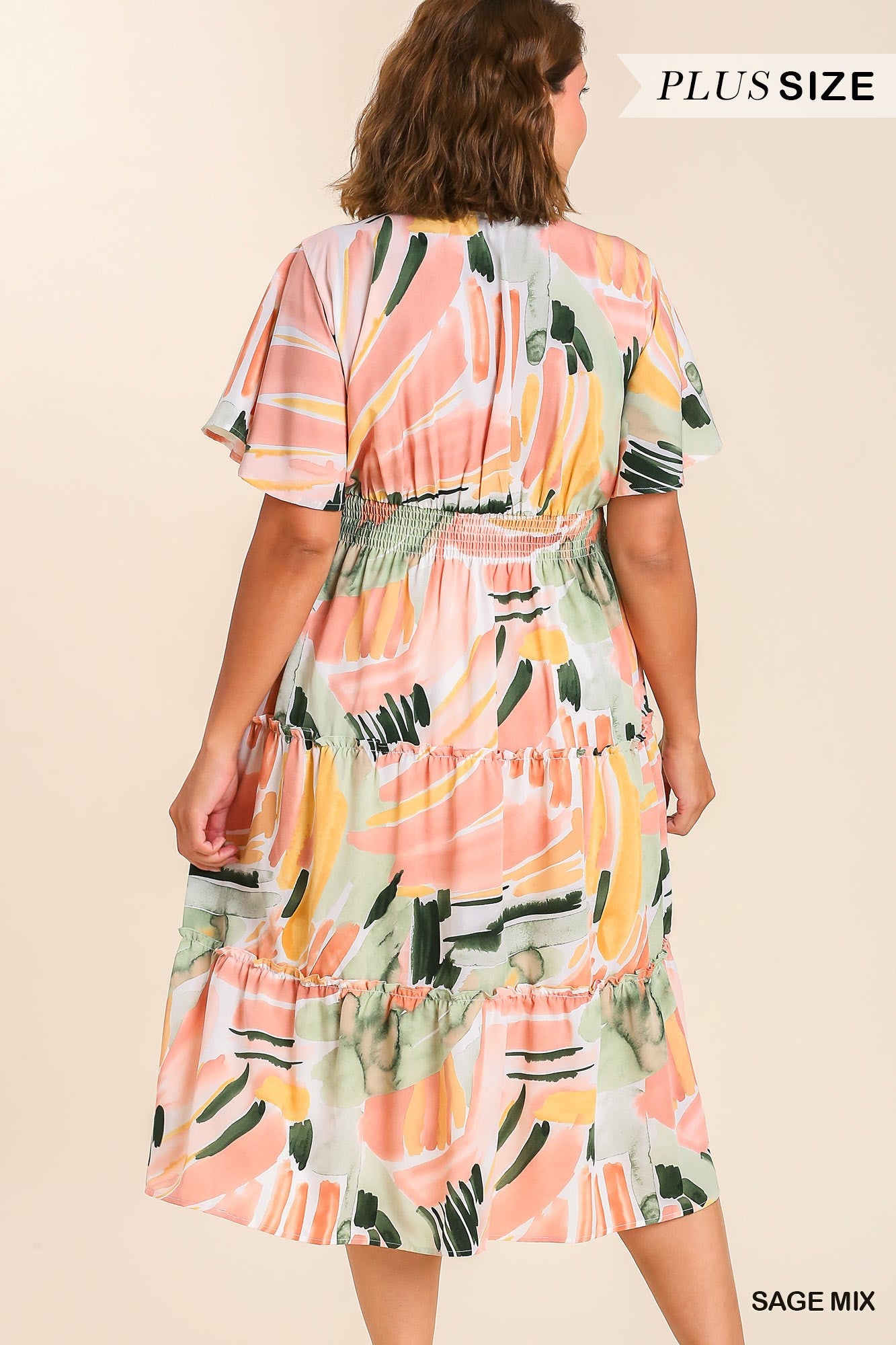 Umgee Plus Abstract Ruffle Sleeve Midi Tiered Dress