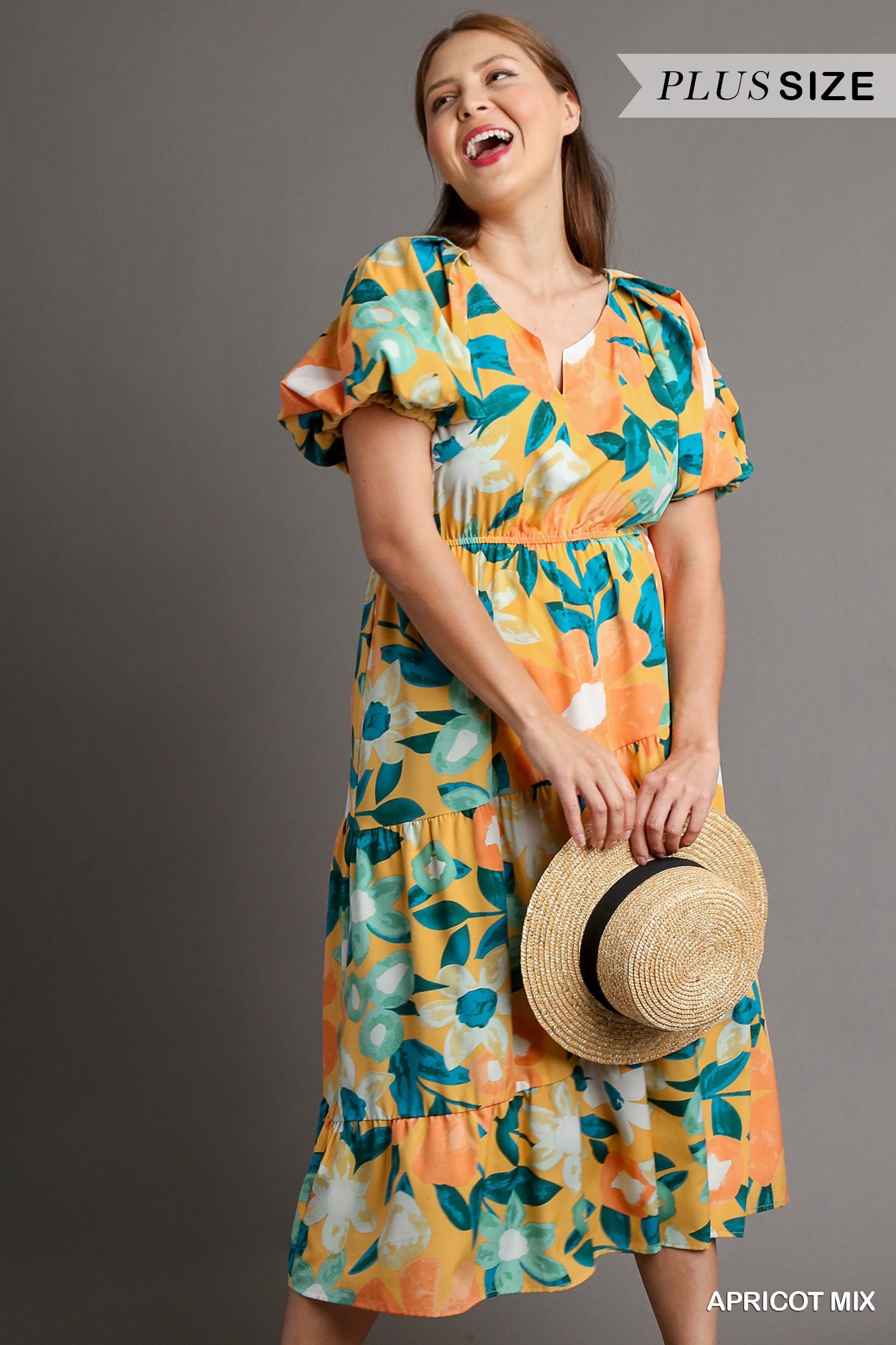 Umgee Plus Floral Print Split Neckline Balloon Sleeve Midi Dress