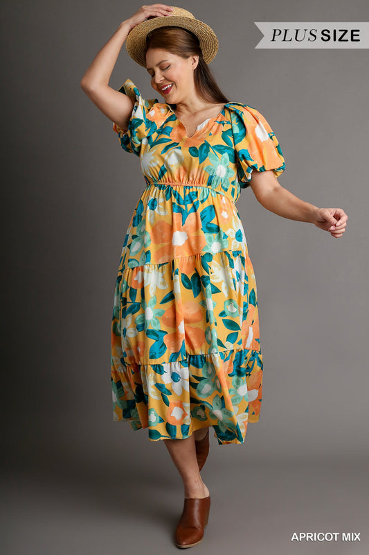 Umgee Plus Floral Print Split Neckline Balloon Sleeve Midi Dress