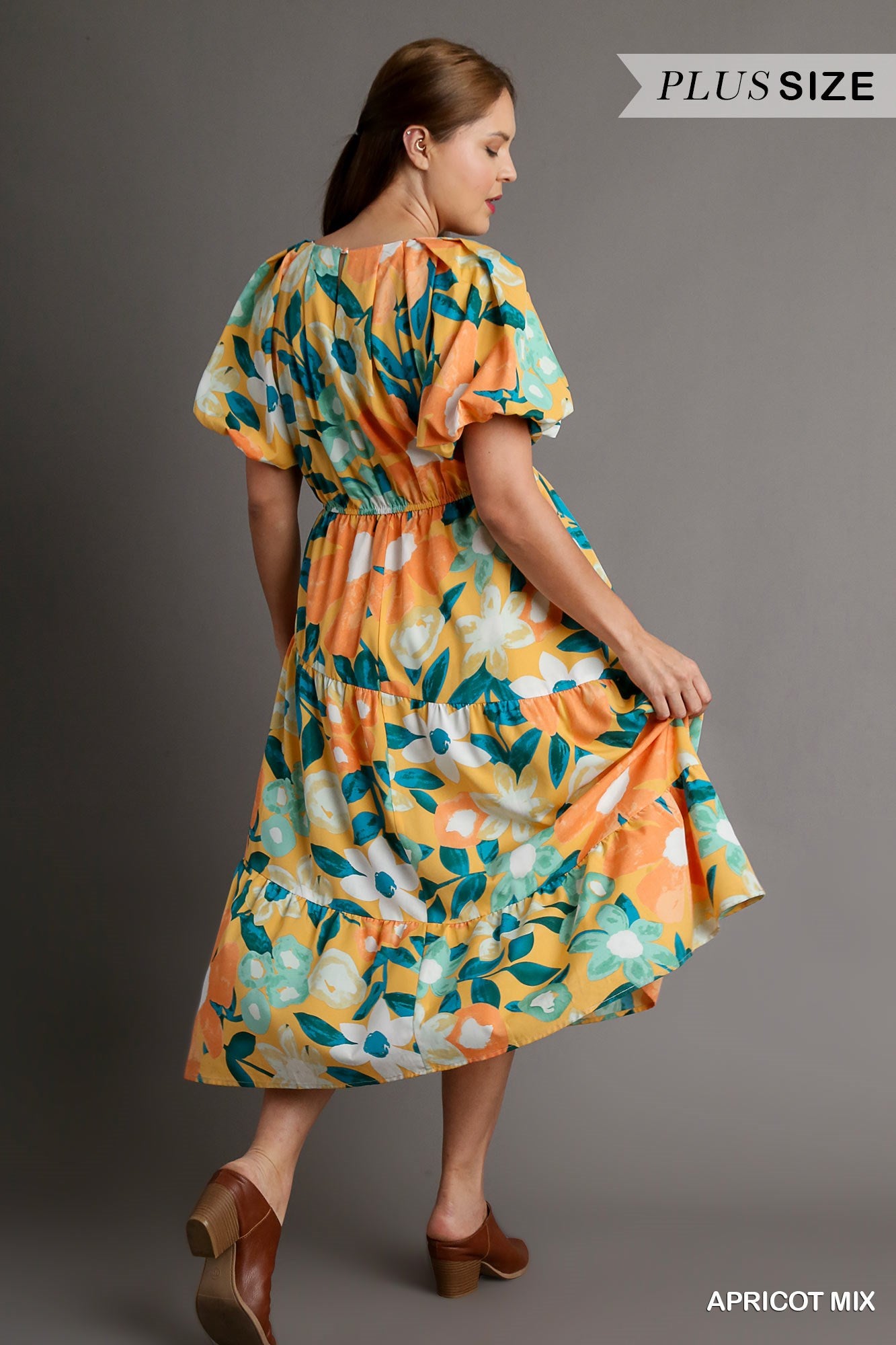Umgee Plus Floral Print Split Neckline Balloon Sleeve Midi Dress