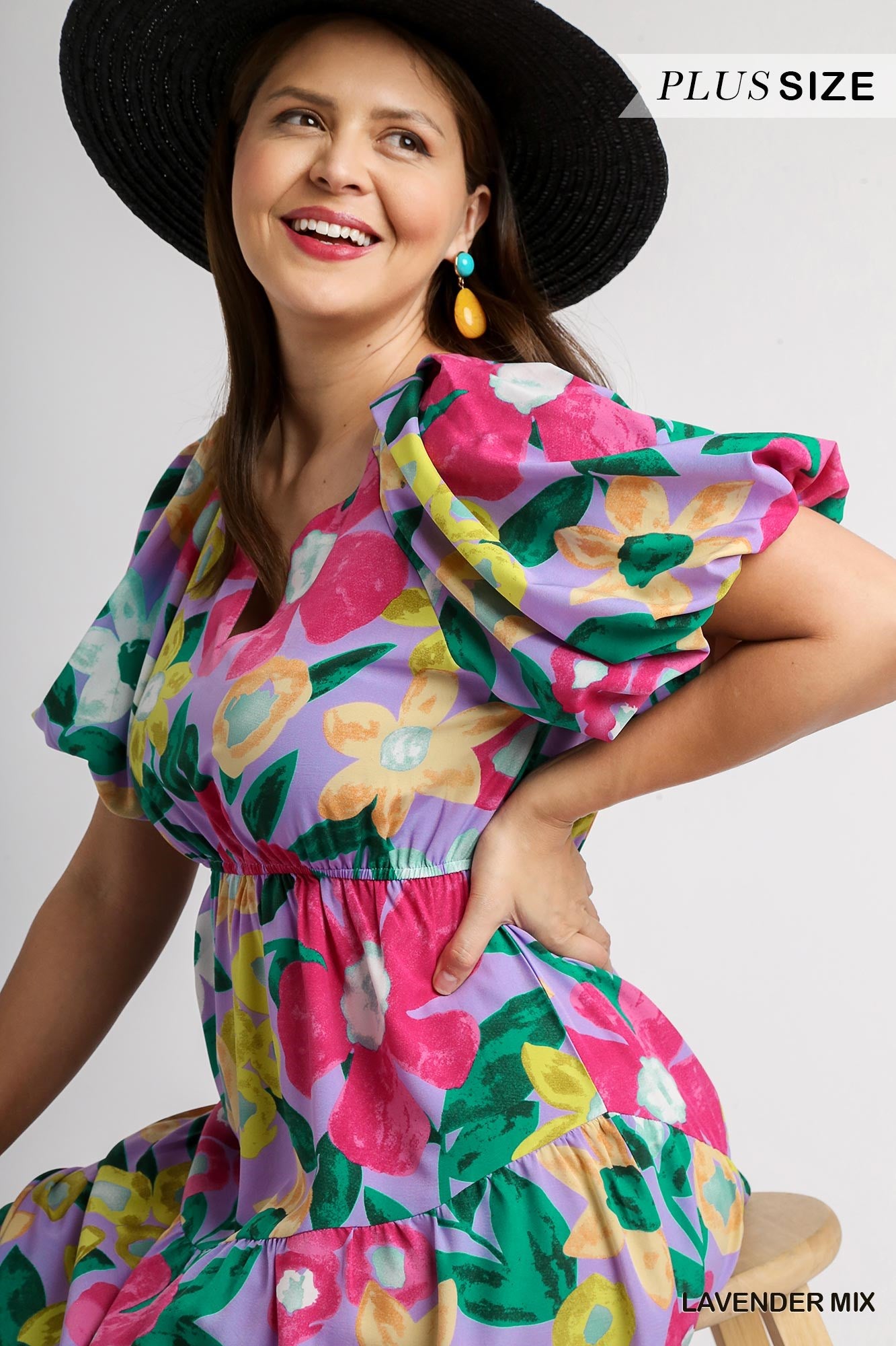 Umgee Plus Floral Print Split Neckline Balloon Sleeve Midi Dress