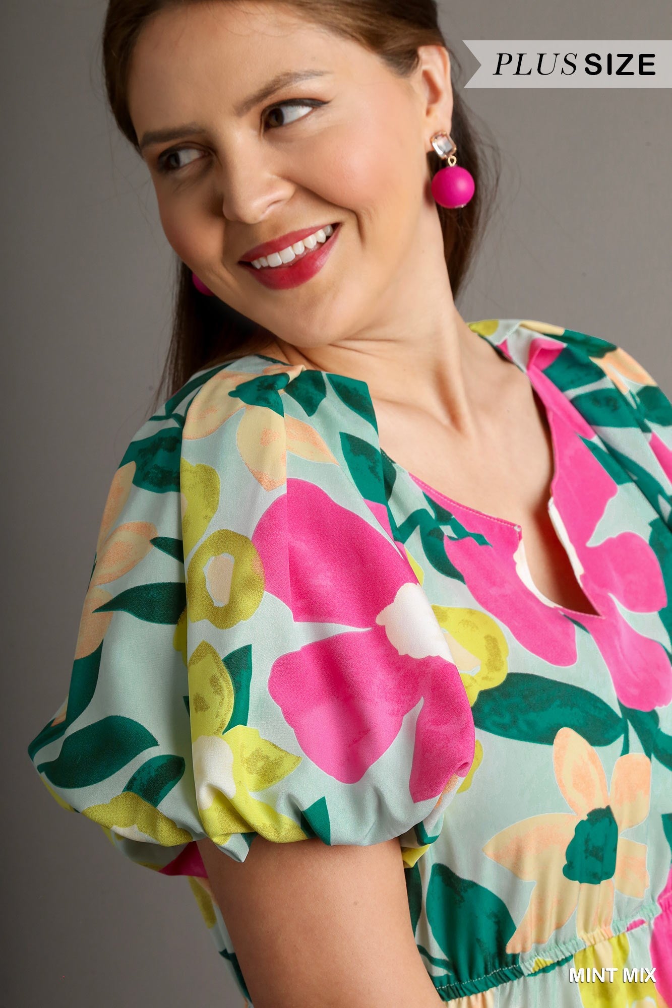 Umgee Plus Floral Print Split Neckline Balloon Sleeve Midi Dress