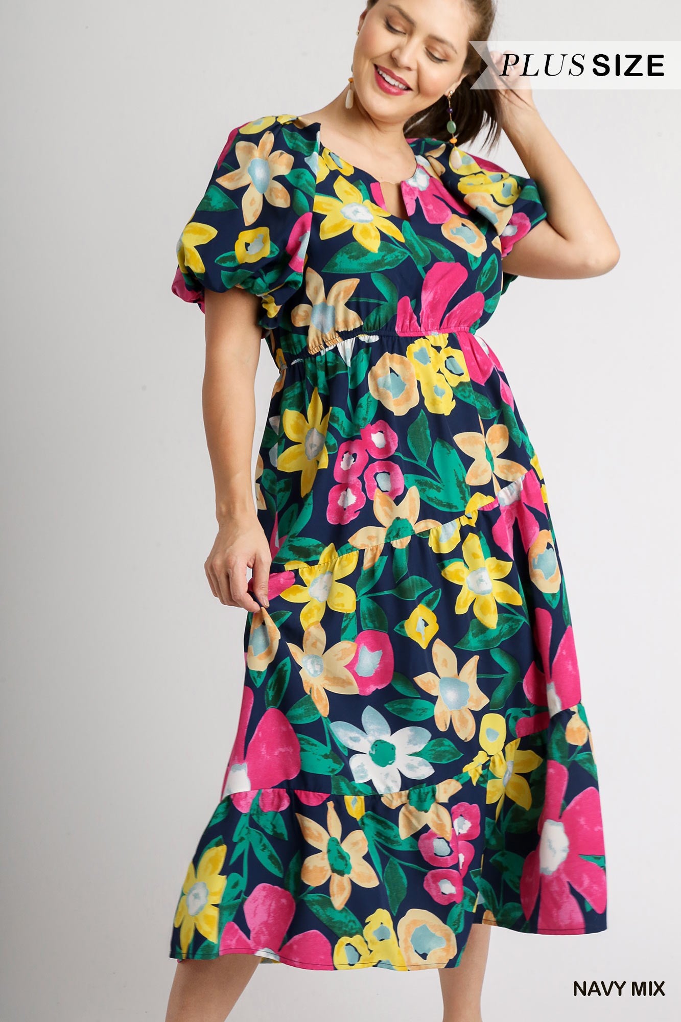 Umgee Plus Floral Print Split Neckline Balloon Sleeve Midi Dress