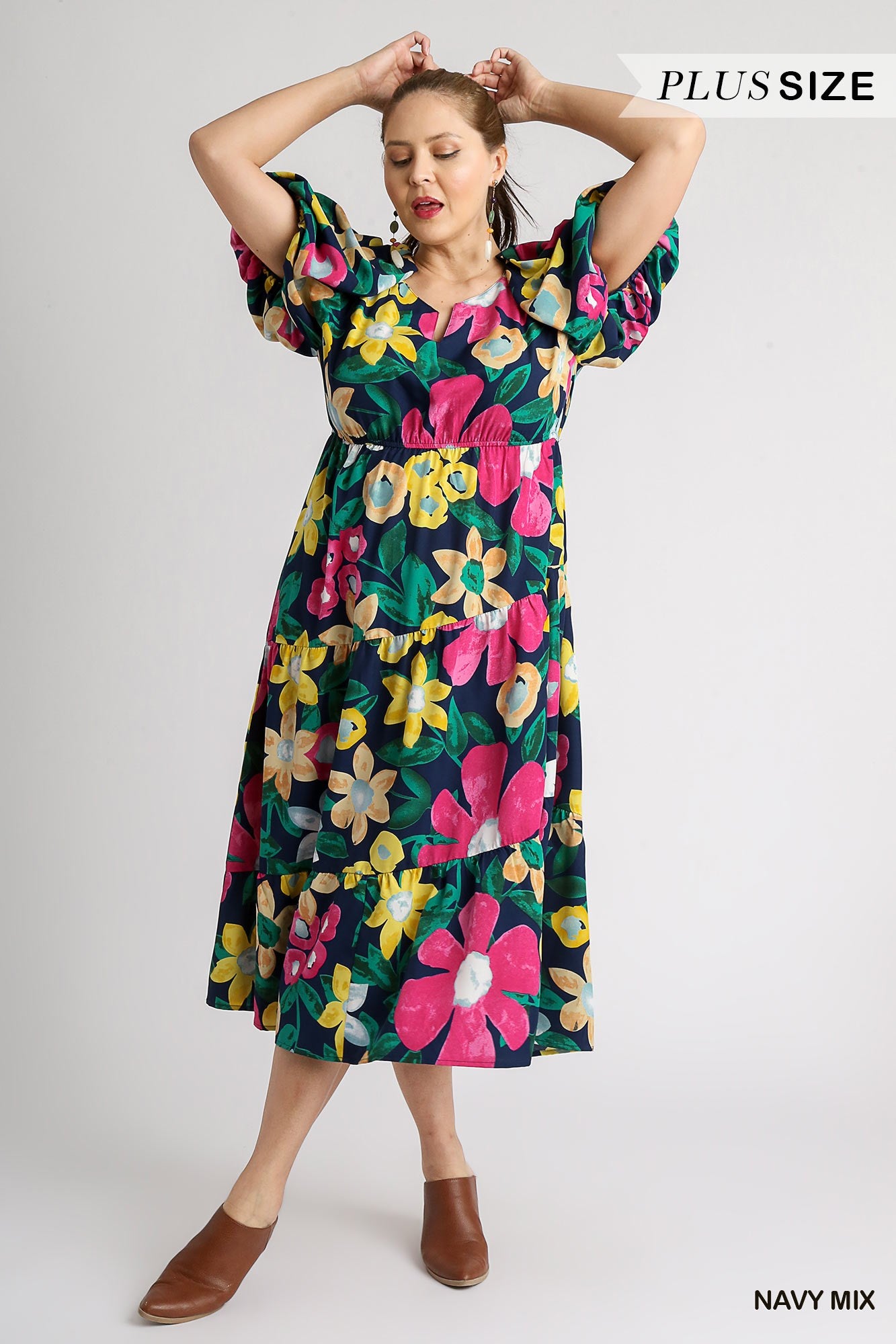 Umgee Plus Floral Print Split Neckline Balloon Sleeve Midi Dress