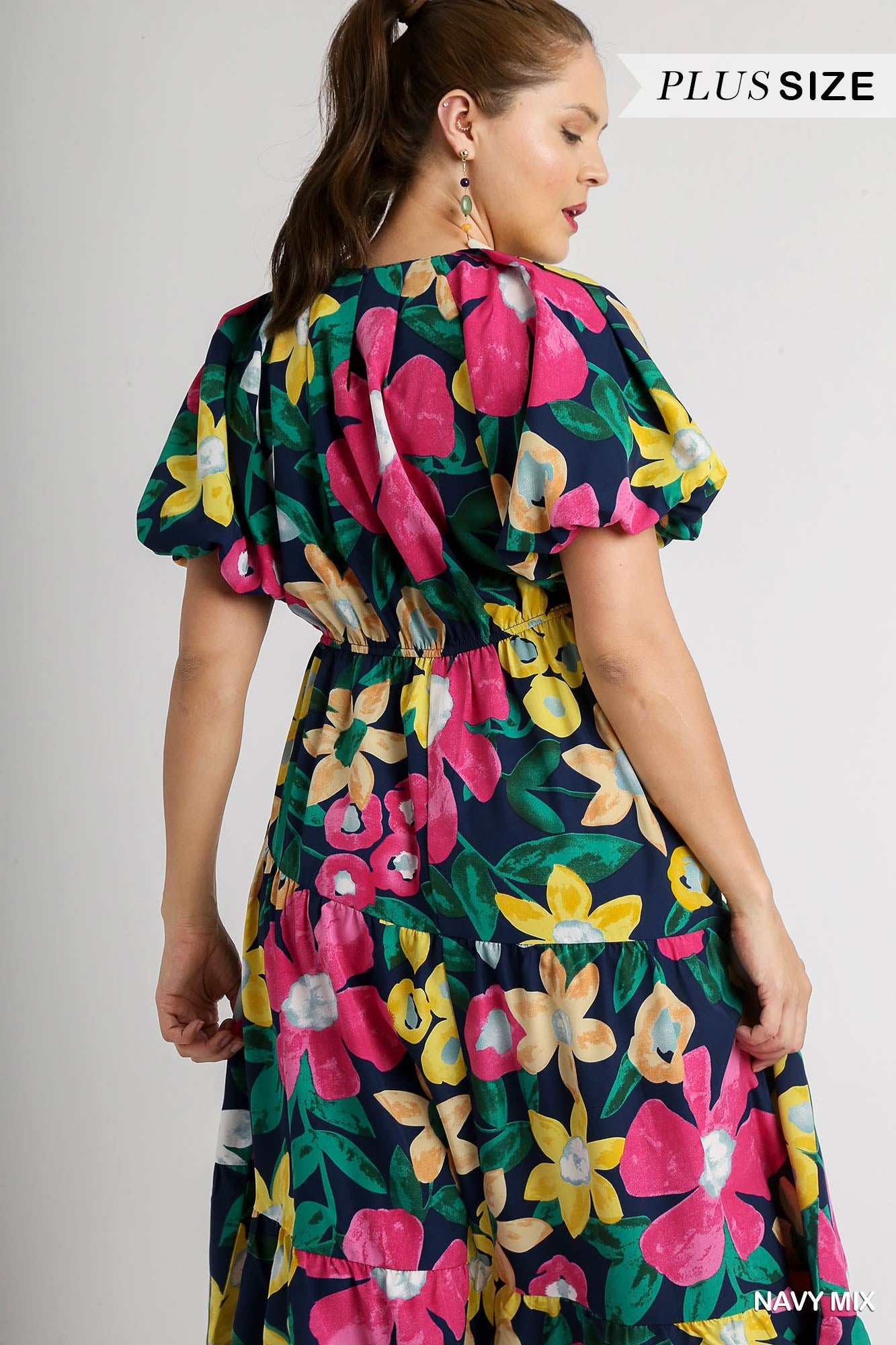 Umgee Plus Floral Print Split Neckline Balloon Sleeve Midi Dress