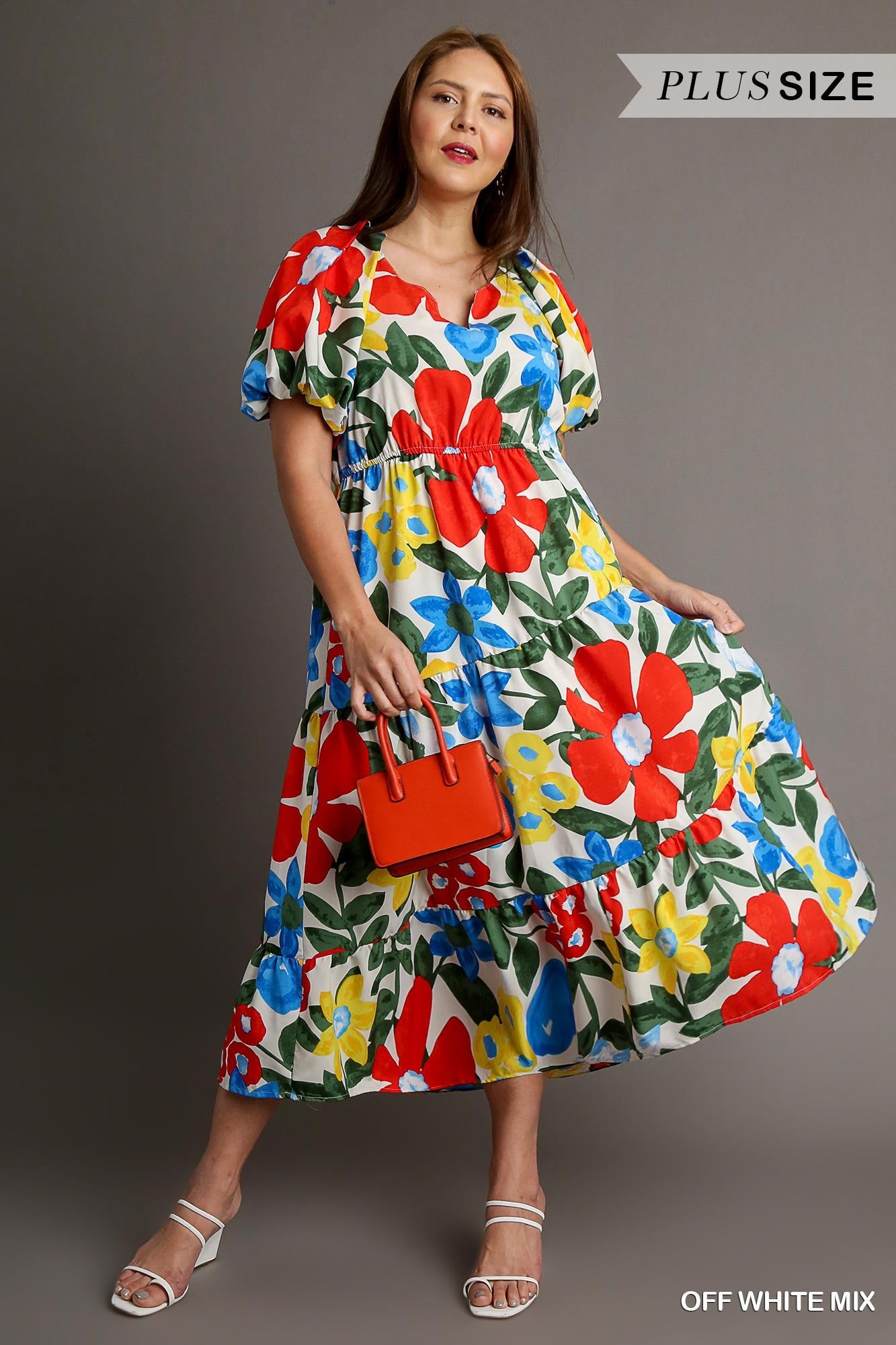 Umgee Plus Floral Print Split Neckline Balloon Sleeve Midi Dress