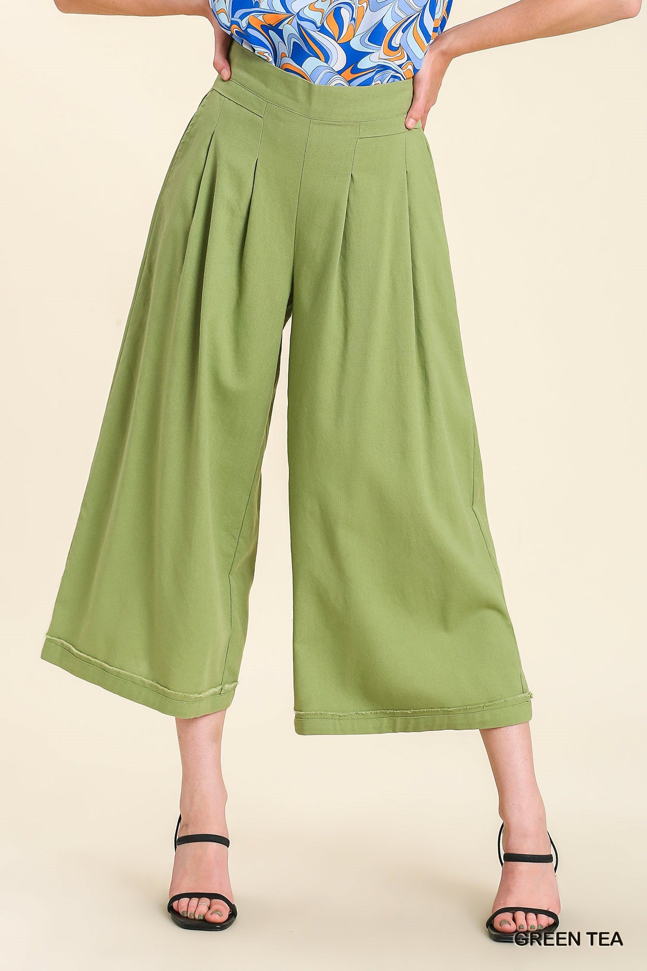 Umgee Pleated Detail Elastic Waist Band Wide Leg Pants